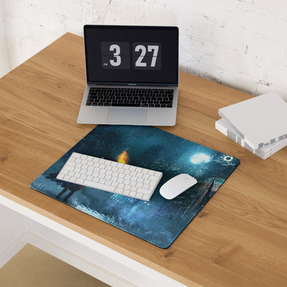 Dark Blue Gaming Mouse Pad With Teal Accents For PC Desk Setup Cinematic Fantasy Artwork Large Non Slip Edge Stitched