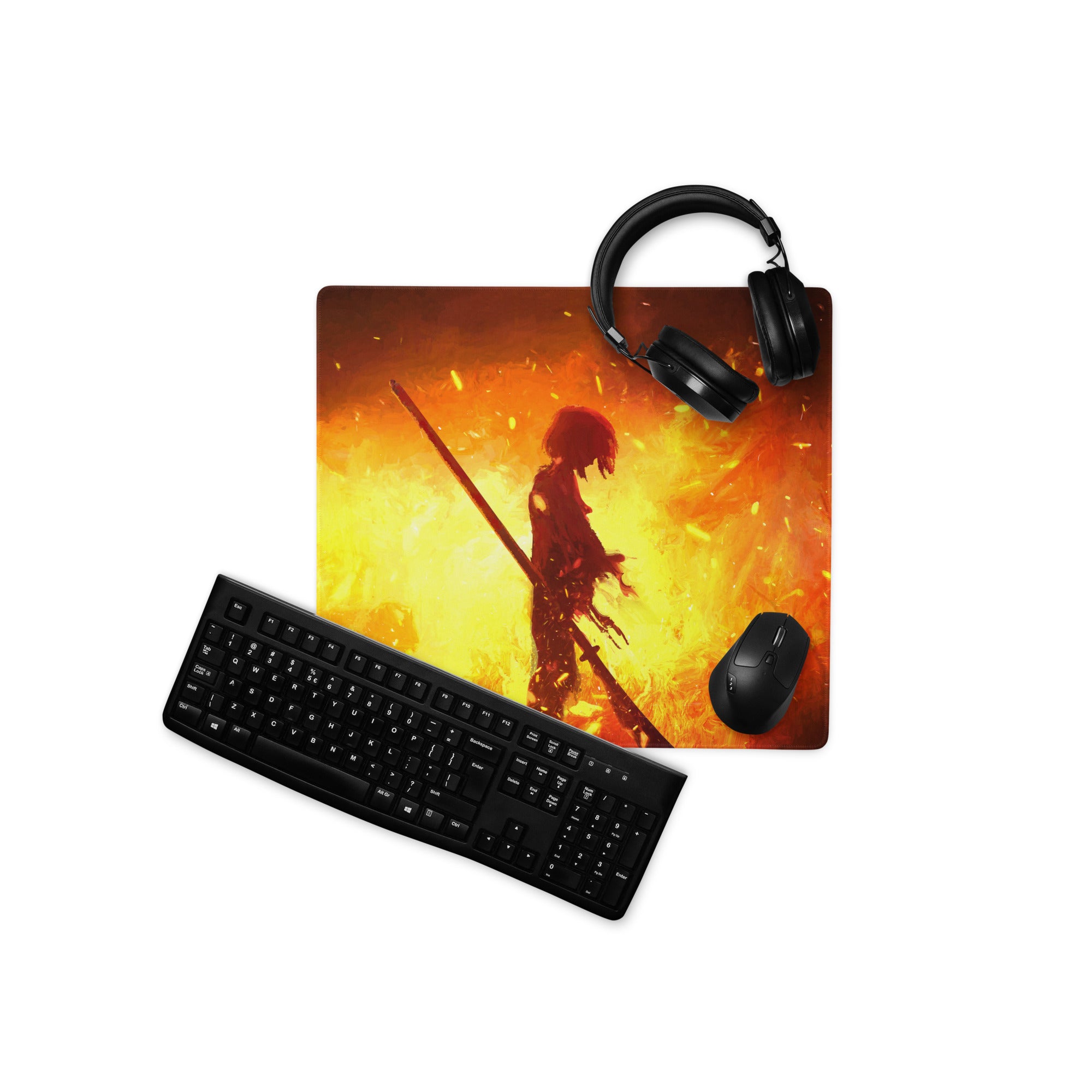 Gaming Mouse Pad Orange Red Fiery Warrior For Gaming Desk Setup Large Non Slip Base Modern Matte Art Pad Esports Ready