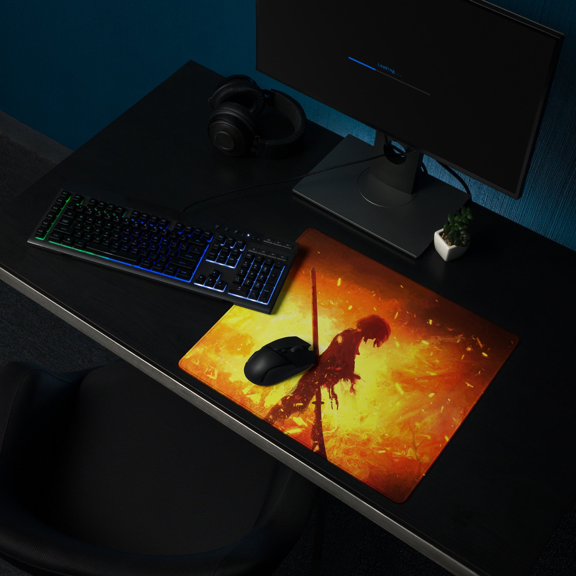 Gaming Mouse Pad Orange Red Fiery Warrior For Gaming Desk Setup Large Non Slip Base Modern Matte Art Pad Esports Ready
