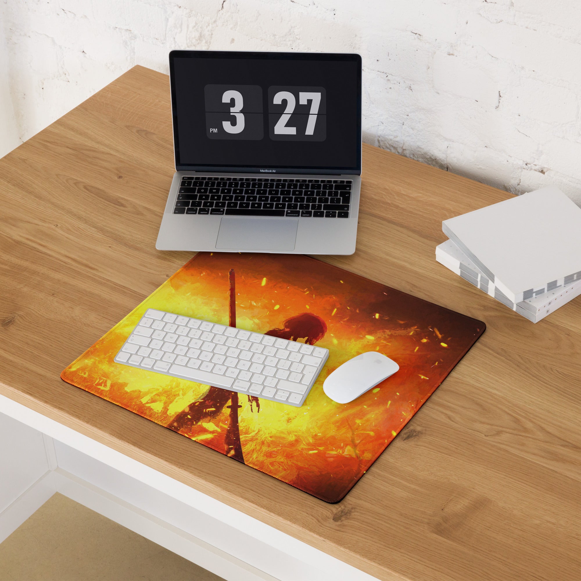 Gaming Mouse Pad Orange Red Fiery Warrior For Gaming Desk Setup Large Non Slip Base Modern Matte Art Pad Esports Ready