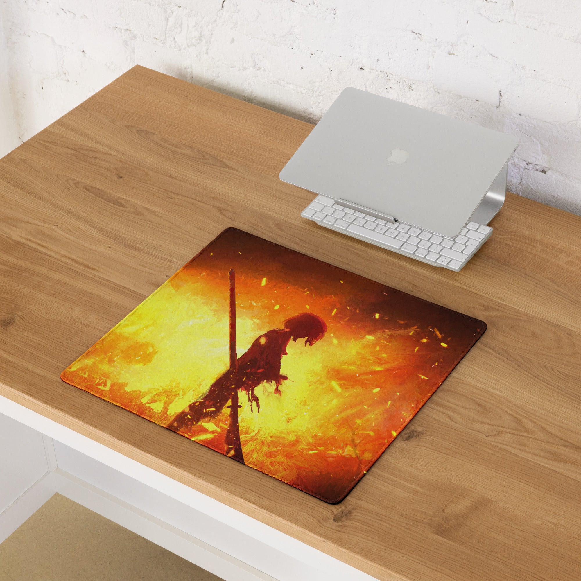 Gaming Mouse Pad Orange Red Fiery Warrior For Gaming Desk Setup Large Non Slip Base Modern Matte Art Pad Esports Ready