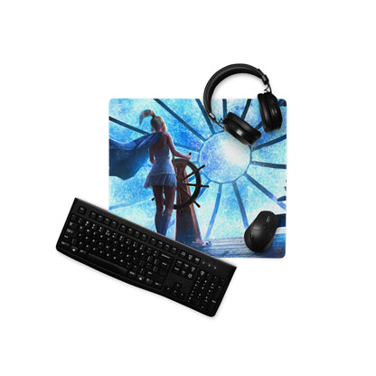 Blue Fantasy Clockwork Ship Wheel Gaming Mouse Pad For Desk Setup, Blue Tones, Digital Art Style