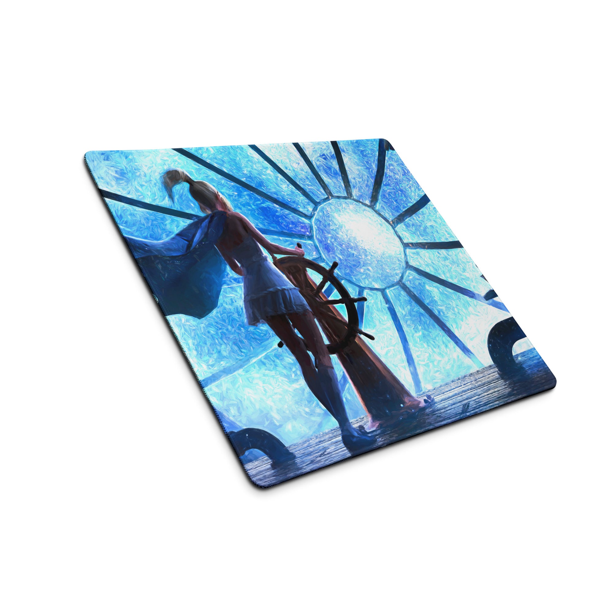 Blue Fantasy Clockwork Ship Wheel Gaming Mouse Pad For Desk Setup, Blue Tones, Digital Art Style