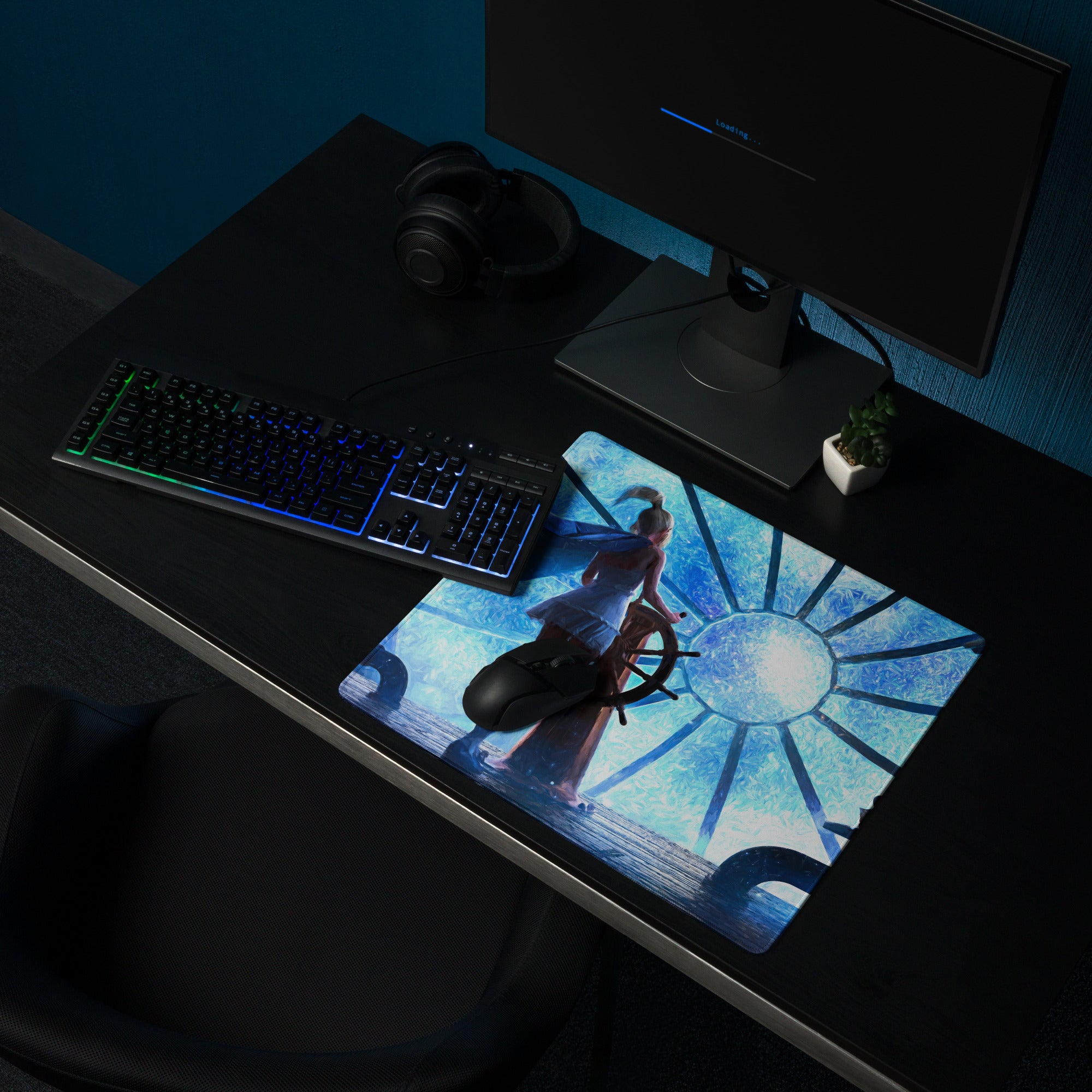 Blue Fantasy Clockwork Ship Wheel Gaming Mouse Pad For Desk Setup, Blue Tones, Digital Art Style