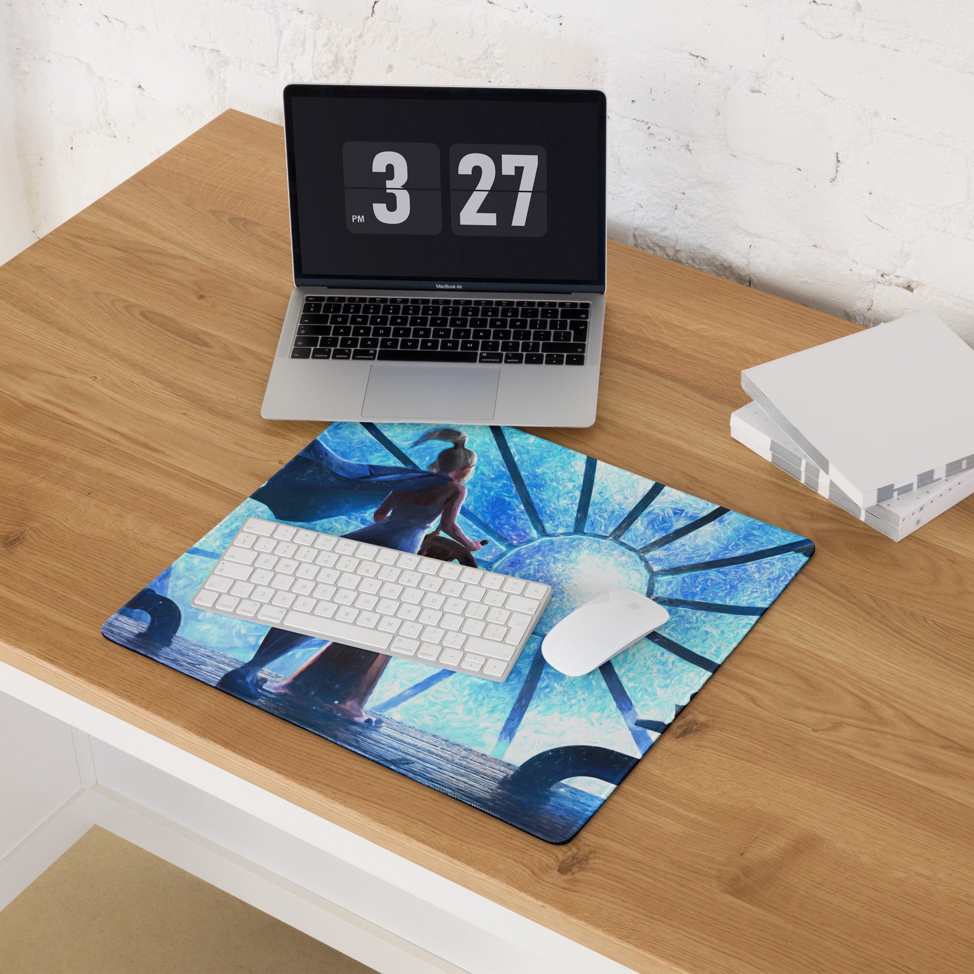 Blue Fantasy Clockwork Ship Wheel Gaming Mouse Pad For Desk Setup, Blue Tones, Digital Art Style