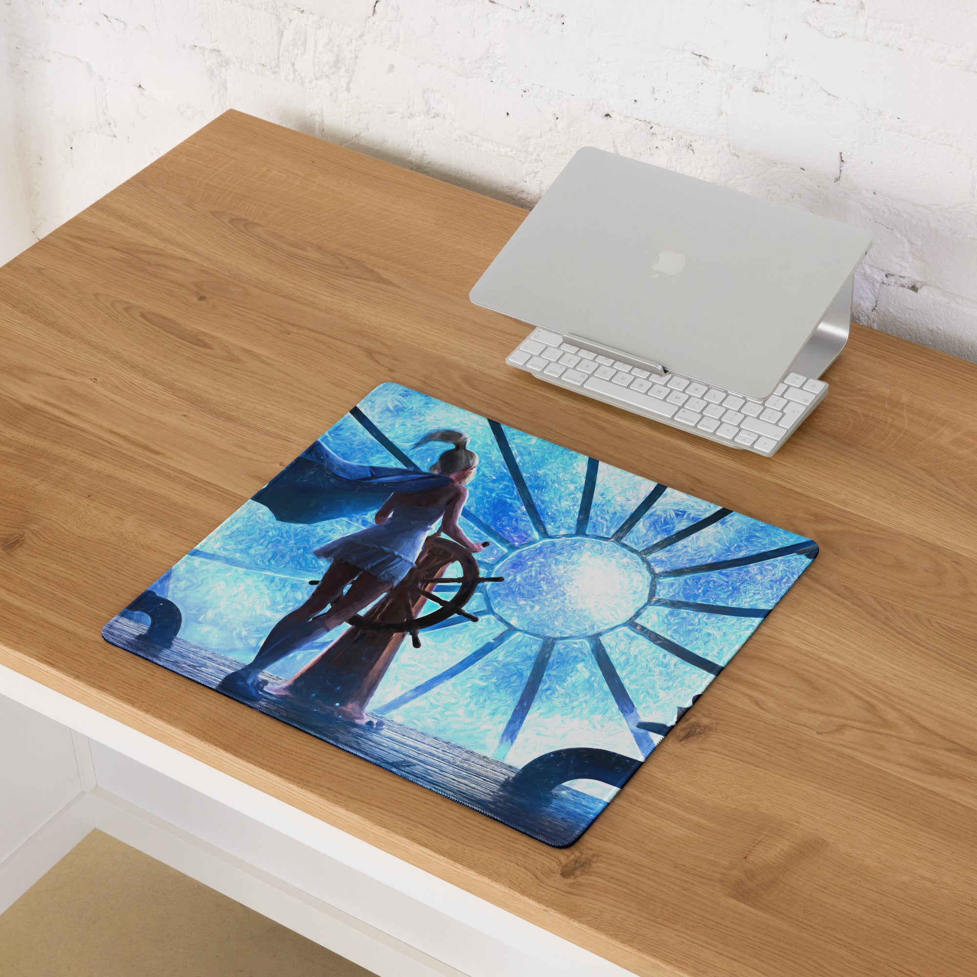 Blue Fantasy Clockwork Ship Wheel Gaming Mouse Pad For Desk Setup, Blue Tones, Digital Art Style