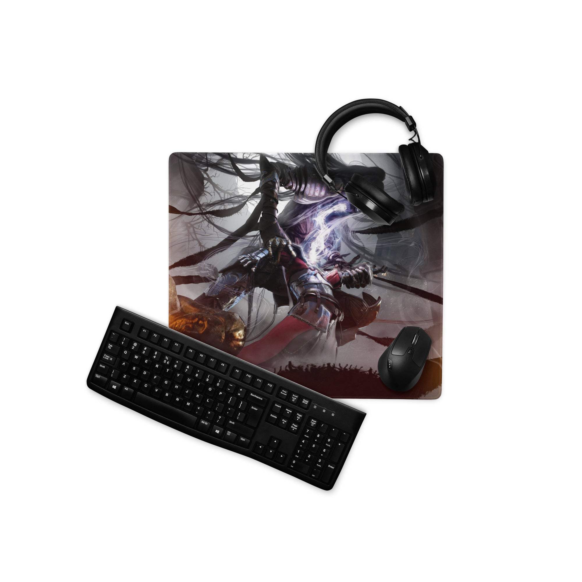 Black gaming mousepad featuring a fiery fantasy warrior in dark armor with glowing sword for non slip desk setup