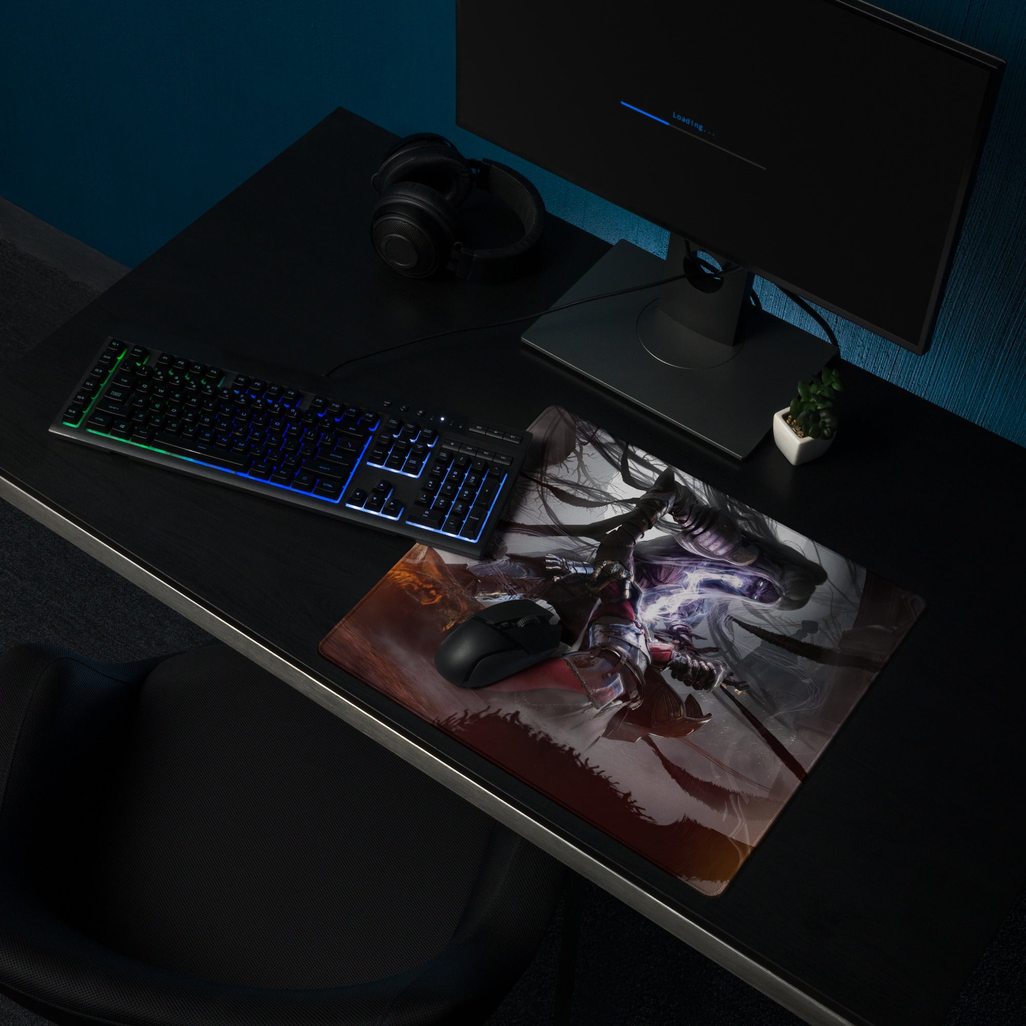 Gaming Mouse Pad Large Desk Mat For Gaming Setup Dark Fiery Fantasy Warrior Artwork Non Slip Surface Edge Stitching