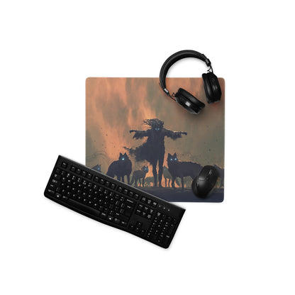 Gaming Mouse Pad Orange Sunset With Howling Wolves Silhouettes For Gaming Desk In Dramatic Fantasy Style