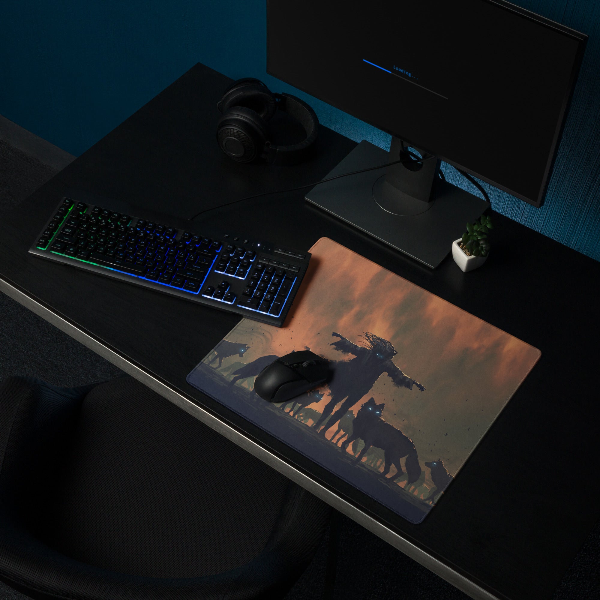 Gaming Mouse Pad Orange Sunset With Howling Wolves Silhouettes For Gaming Desk In Dramatic Fantasy Style
