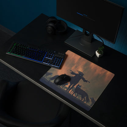 Gaming Mouse Pad Orange Sunset With Howling Wolves Silhouettes For Gaming Desk In Dramatic Fantasy Style