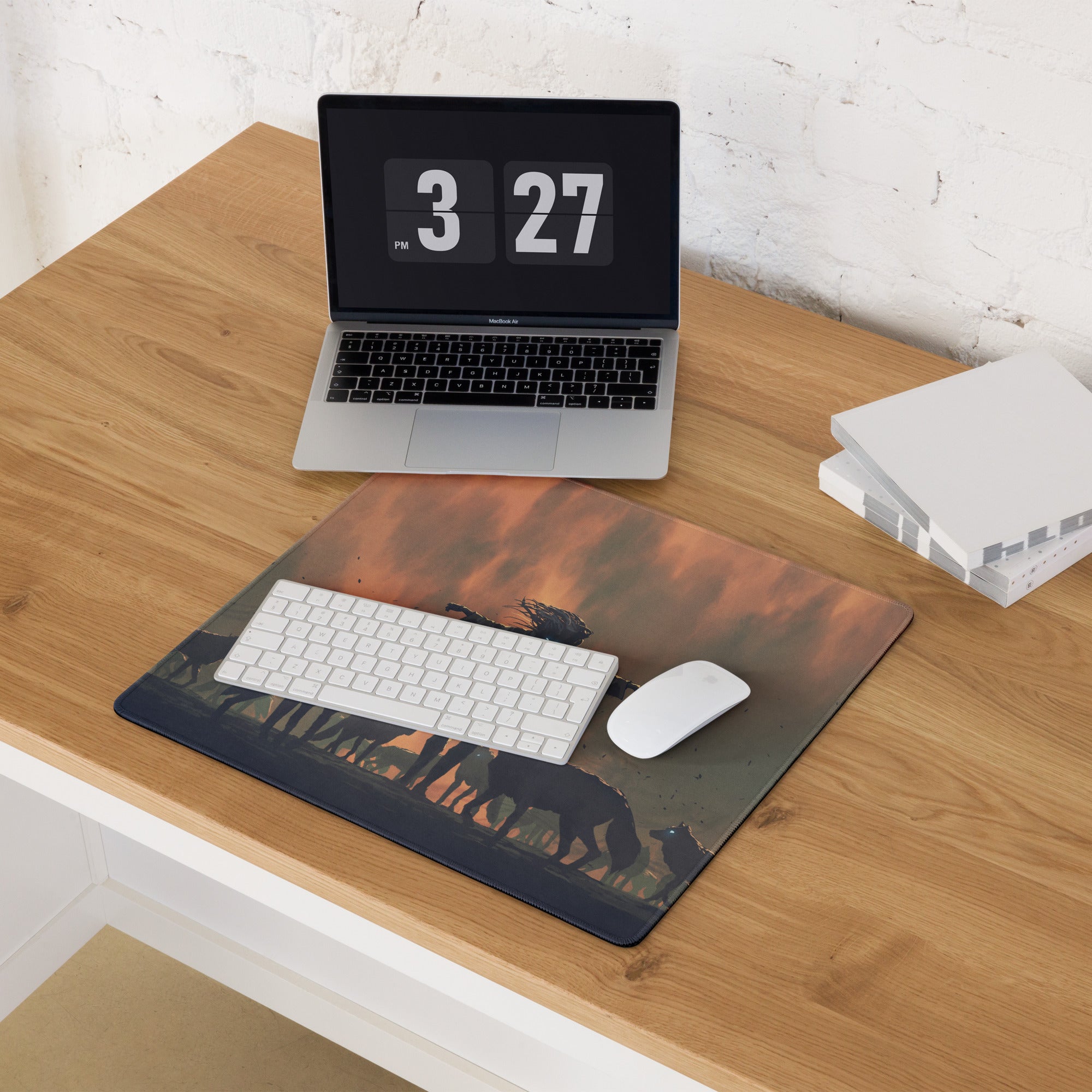 Gaming Mouse Pad Orange Sunset With Howling Wolves Silhouettes For Gaming Desk In Dramatic Fantasy Style