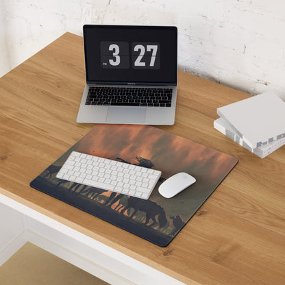 Gaming Mouse Pad Orange Sunset With Howling Wolves Silhouettes For Gaming Desk In Dramatic Fantasy Style