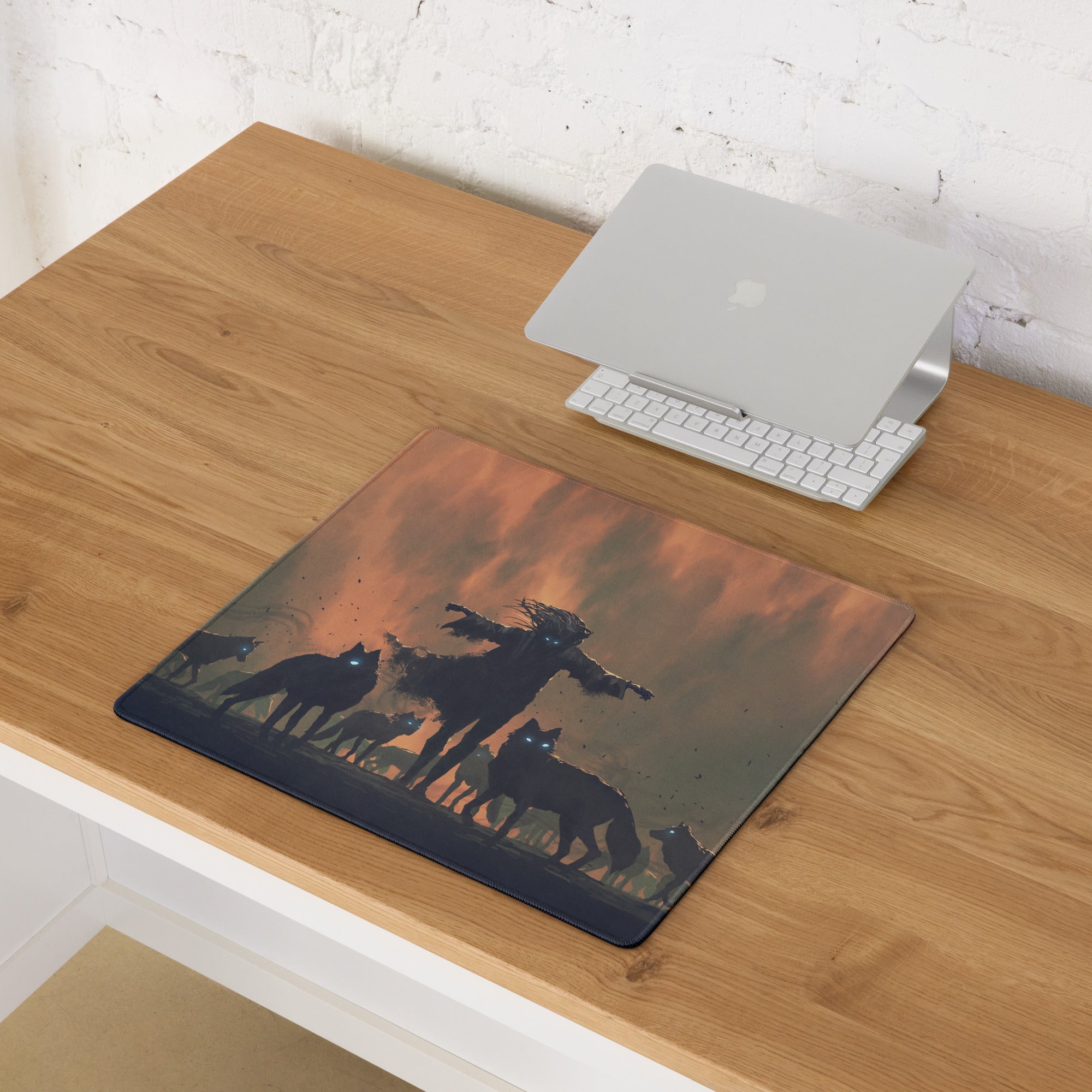 Gaming Mouse Pad Orange Sunset With Howling Wolves Silhouettes For Gaming Desk In Dramatic Fantasy Style