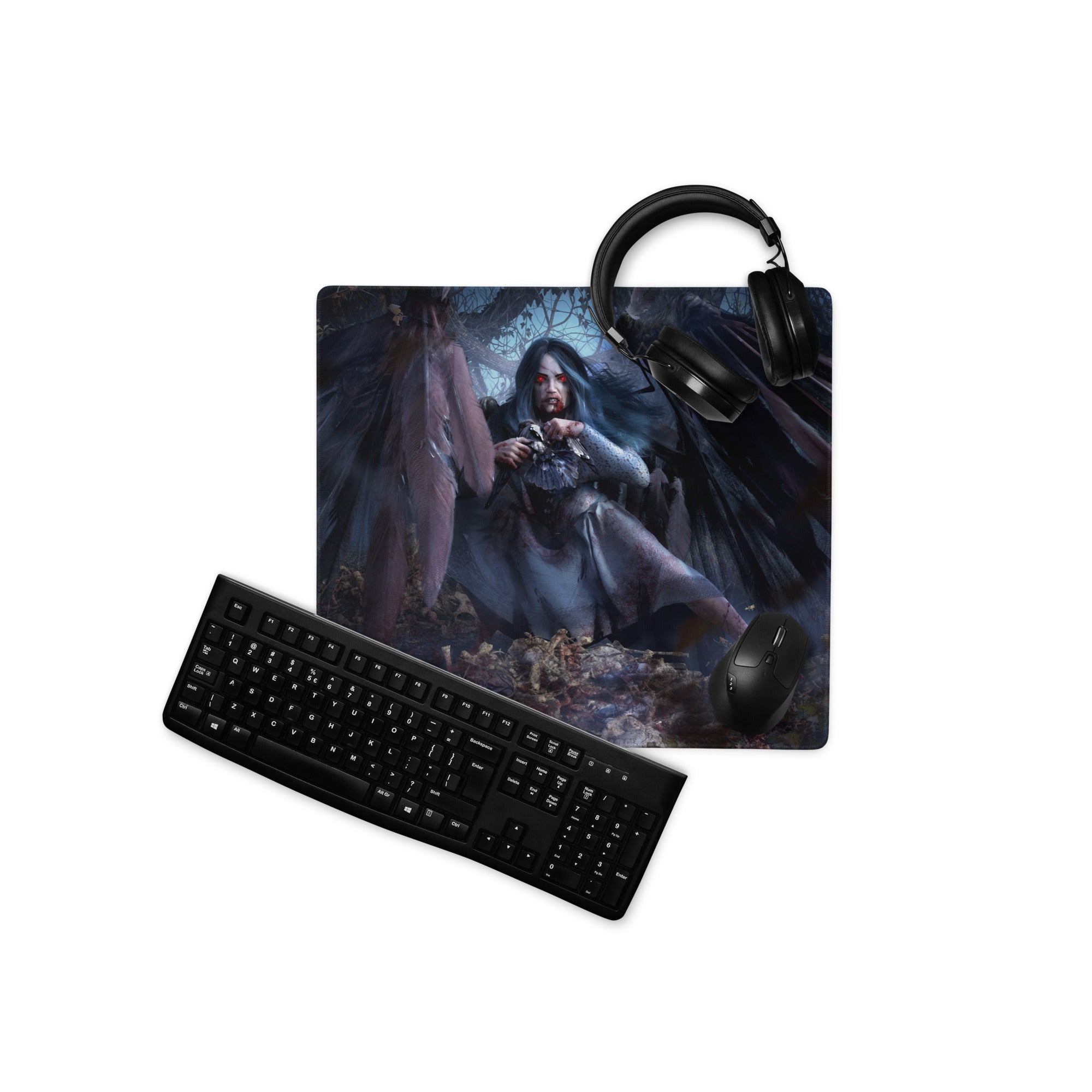 Dark Fantasy Gothic Vampire Girl Mouse Pad Blue Black Red Eyes Large Gaming Desk Mat Digital Art