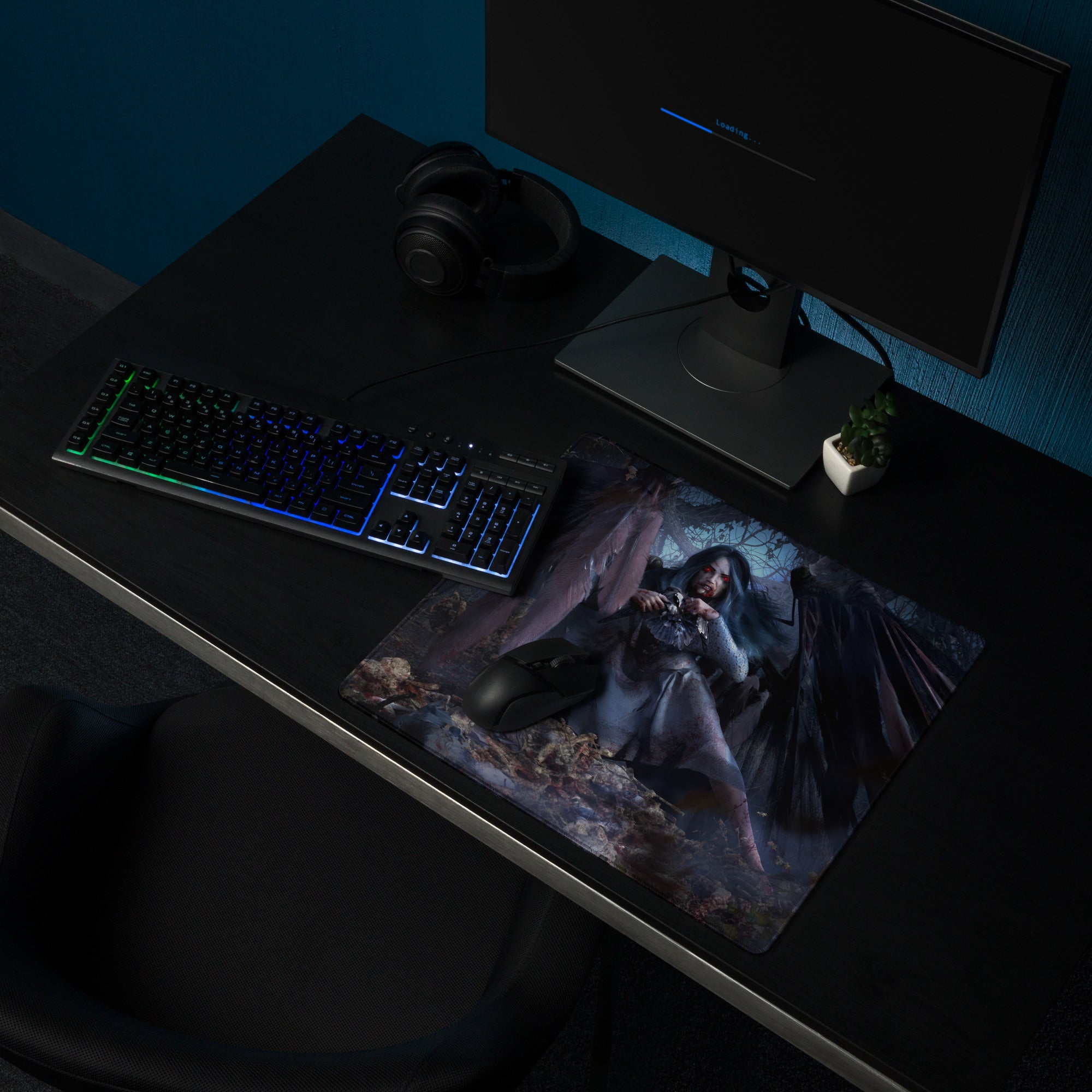 Dark Fantasy Gothic Vampire Girl Mouse Pad Blue Black Red Eyes Large Gaming Desk Mat Digital Art