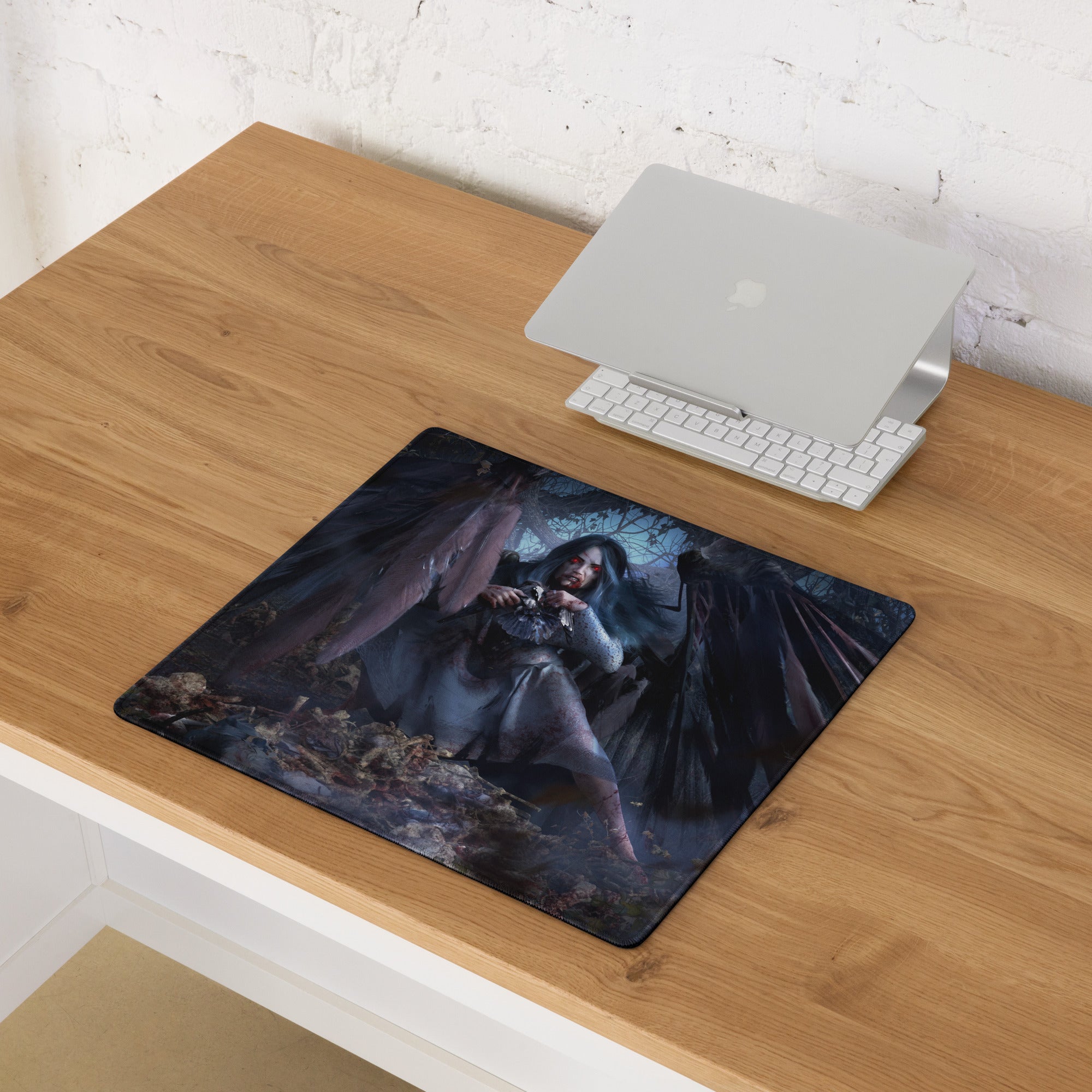 Dark Fantasy Gothic Vampire Girl Mouse Pad Blue Black Red Eyes Large Gaming Desk Mat Digital Art