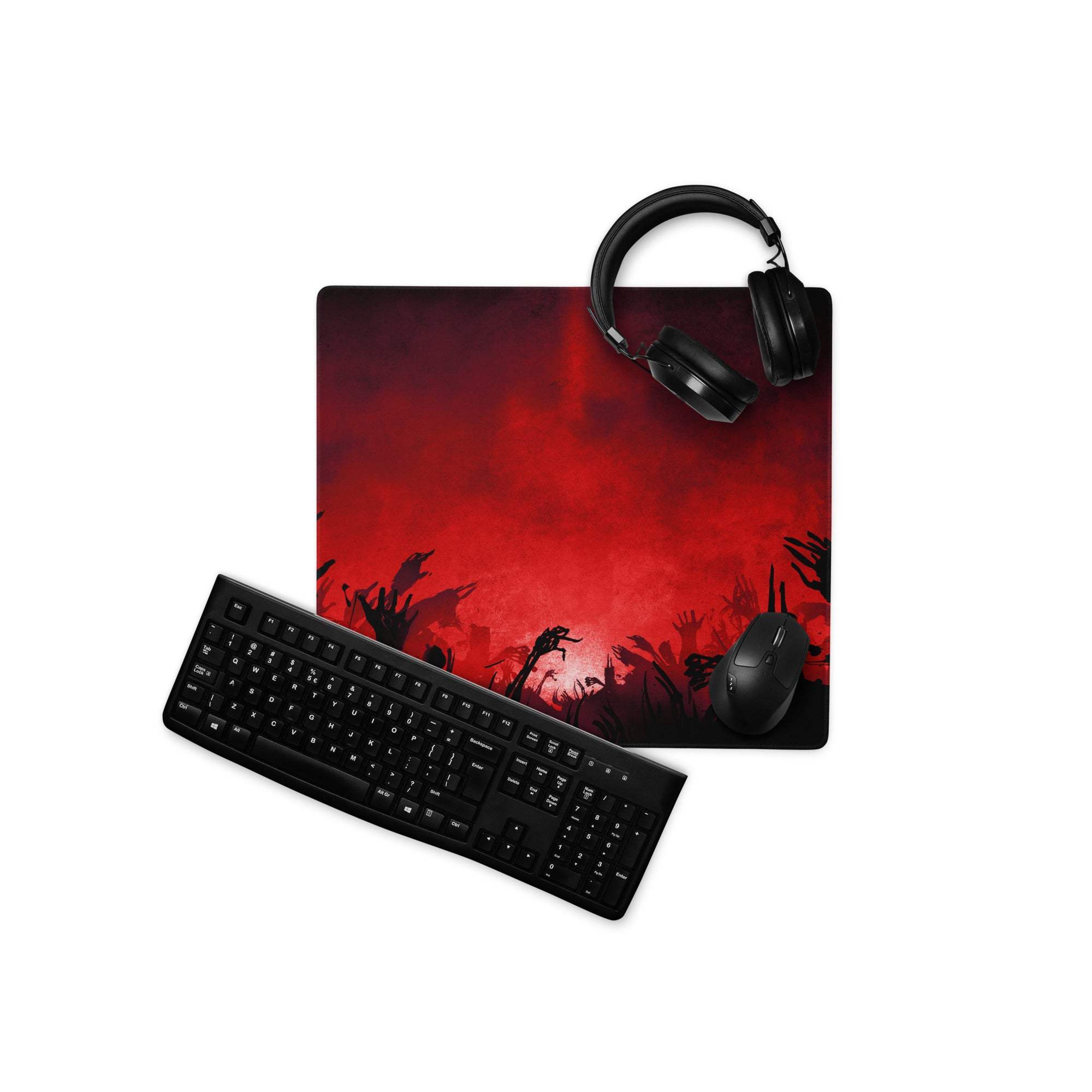 Black gaming mousepad with vivid red dark gradient and zombie hands silhouettes for intense gaming mood and desk use
