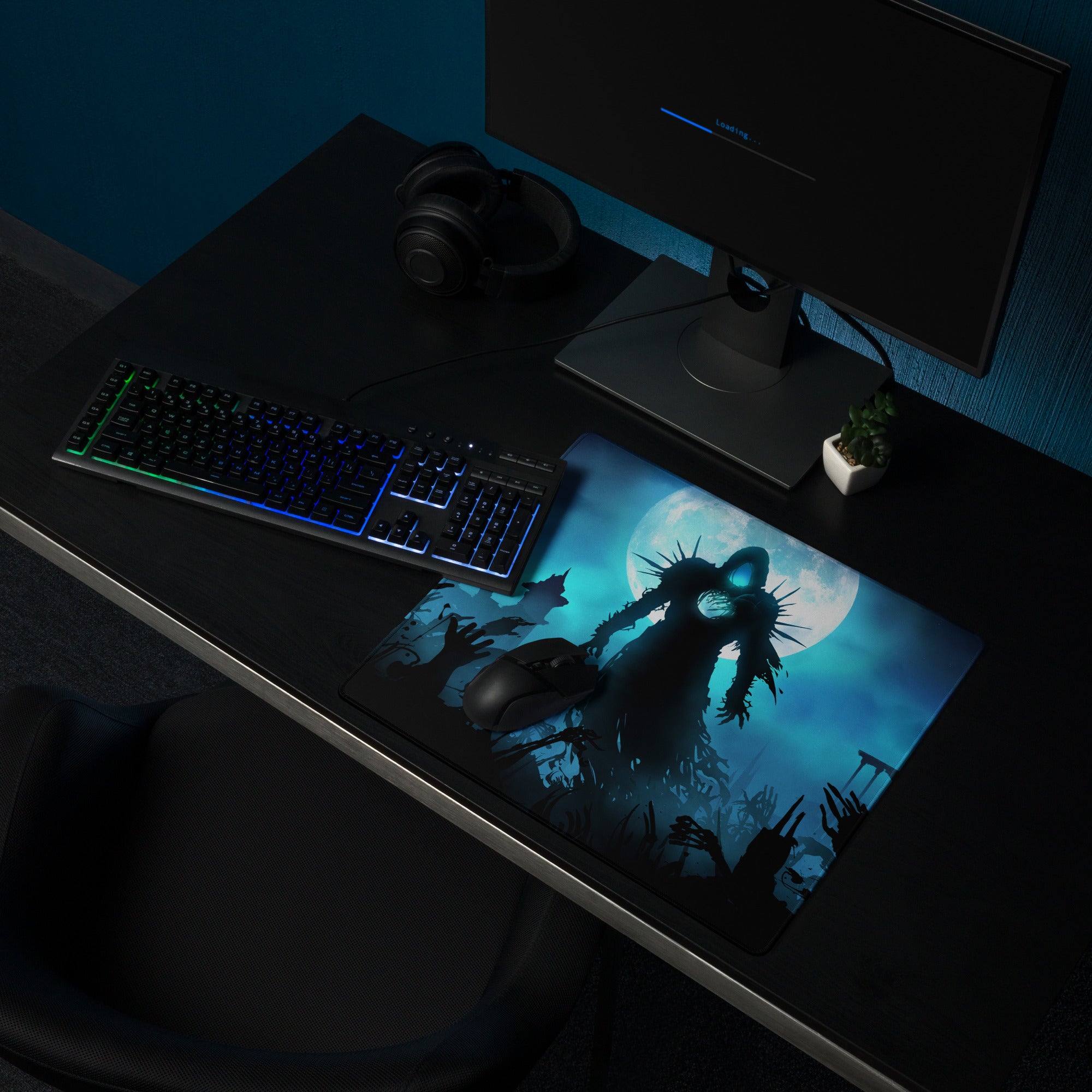 Gaming Mouse Pad Blue And Black For Gaming Desk Dark Fantasy Art Style Silhouette Artwork For Gaming Setup
