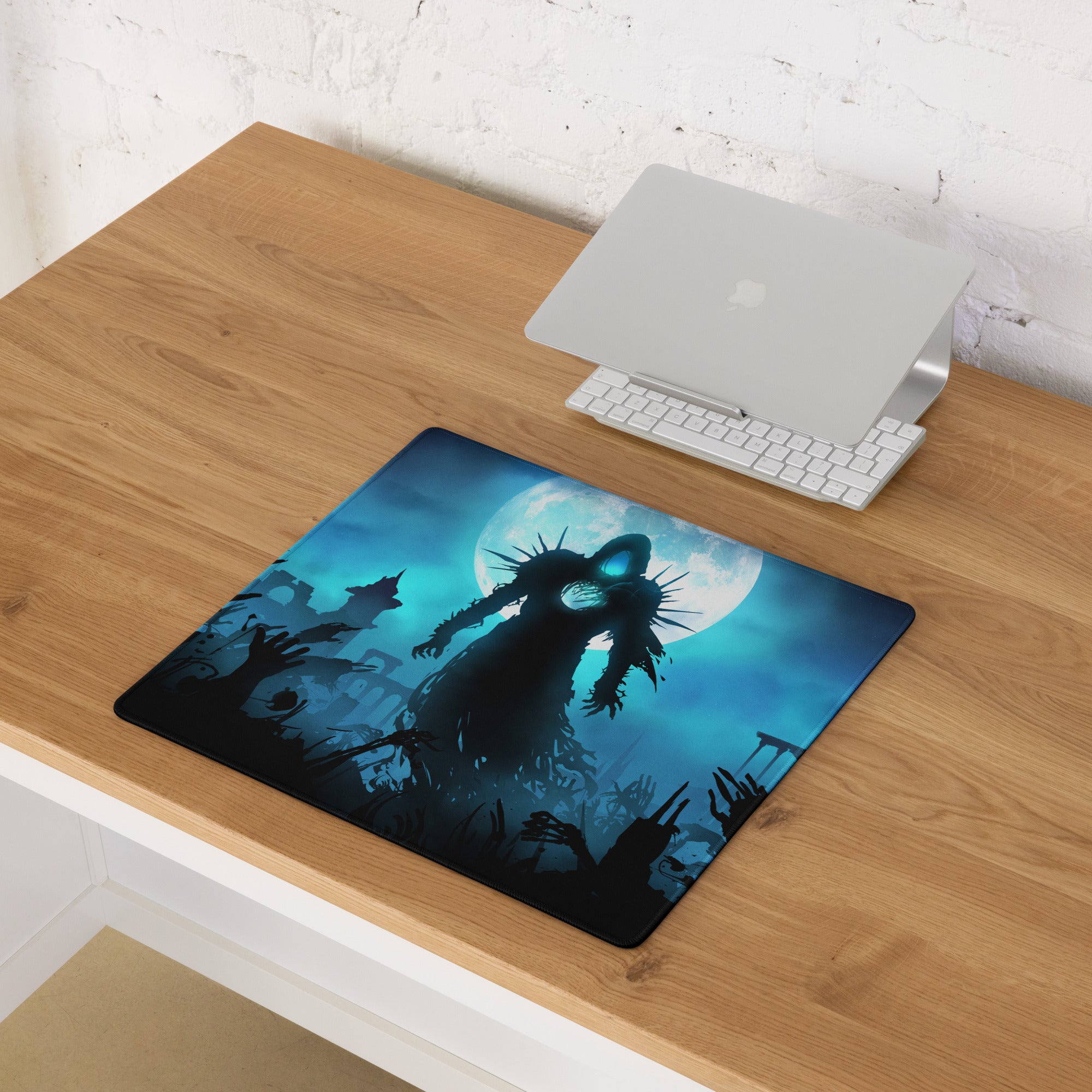 Gaming Mouse Pad Blue And Black For Gaming Desk Dark Fantasy Art Style Silhouette Artwork For Gaming Setup
