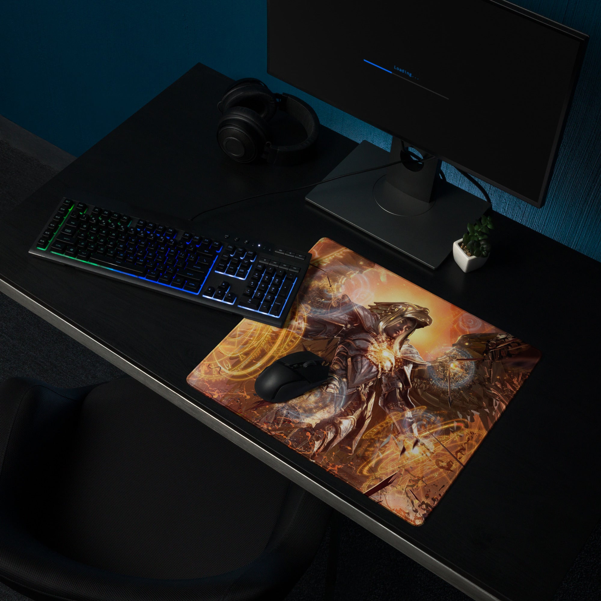 Gaming Mouse Pad Orange Gold Fire Art For Gaming Desk Futuristic Fantasy Style Digital Artwork