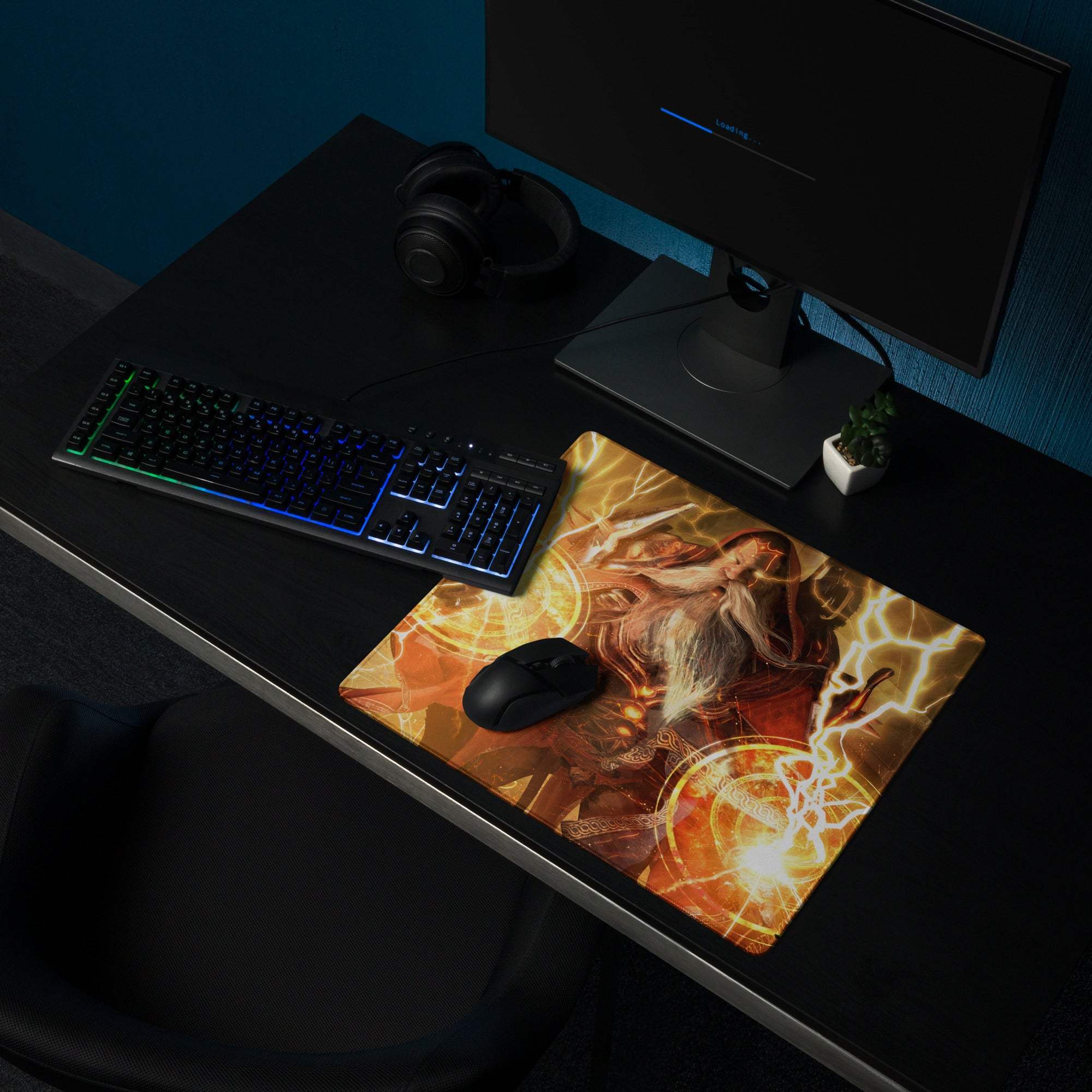 A vibrant rectangular gaming mousepad featuring a fantasy warrior with orange gold lightning and mystical symbols