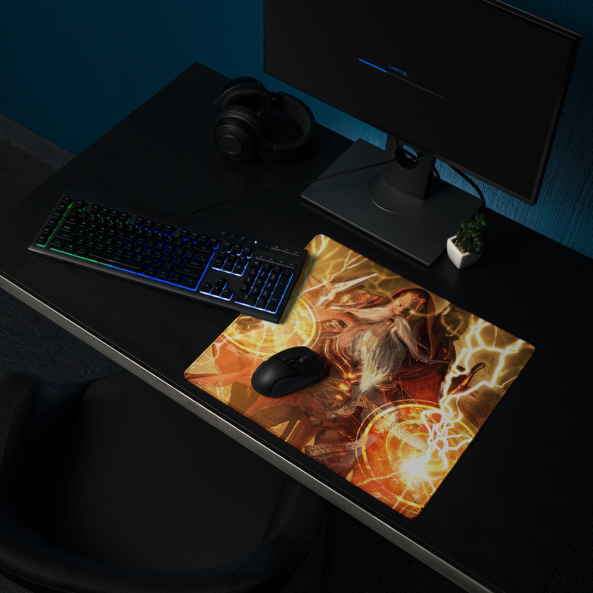 Epic Wizard Fantasy Gaming Mouse Pad Orange Gold Lightning For Gaming Desk Digital Art