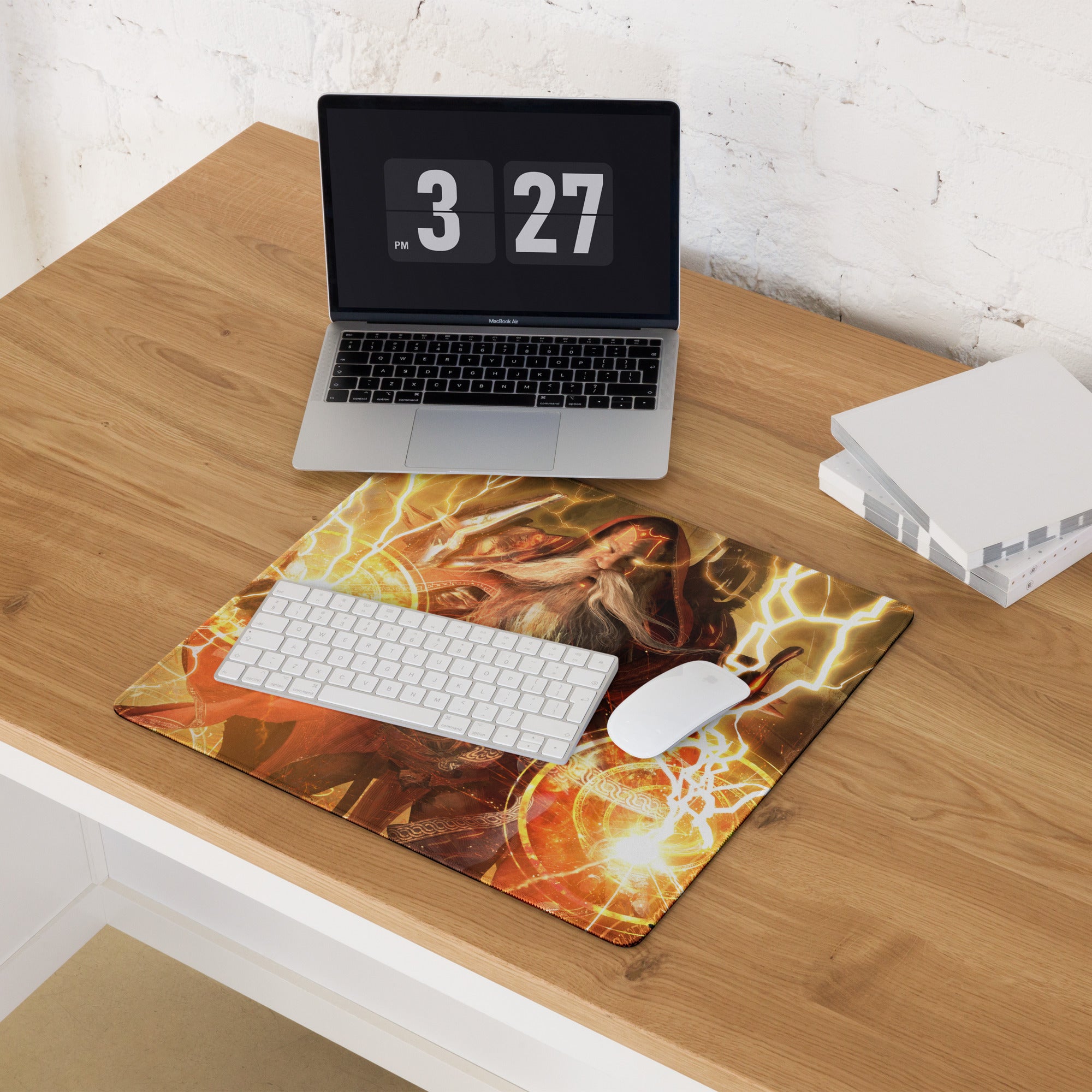 Epic Wizard Fantasy Gaming Mouse Pad Orange Gold Lightning For Gaming Desk Digital Art