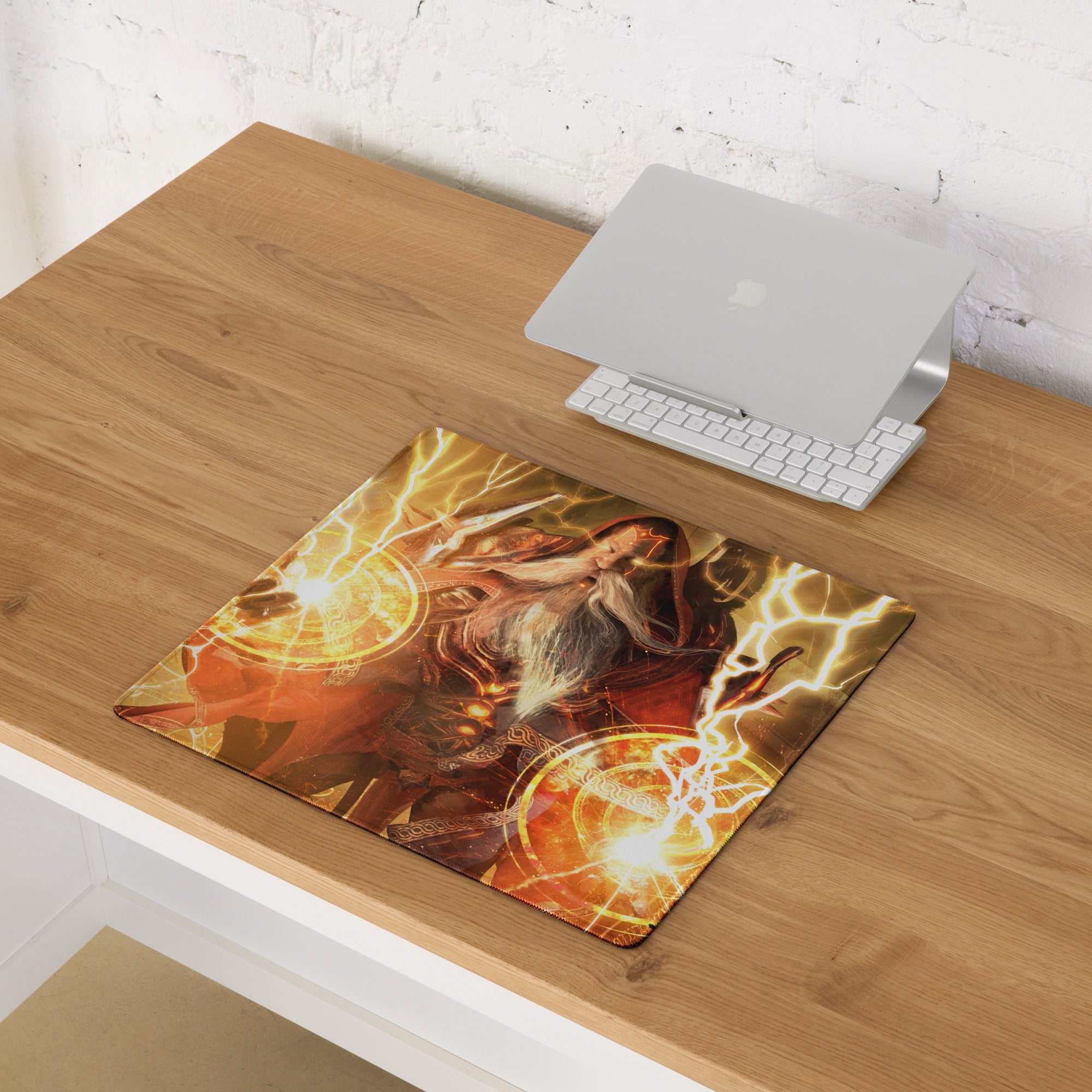 Epic Wizard Fantasy Gaming Mouse Pad Orange Gold Lightning For Gaming Desk Digital Art