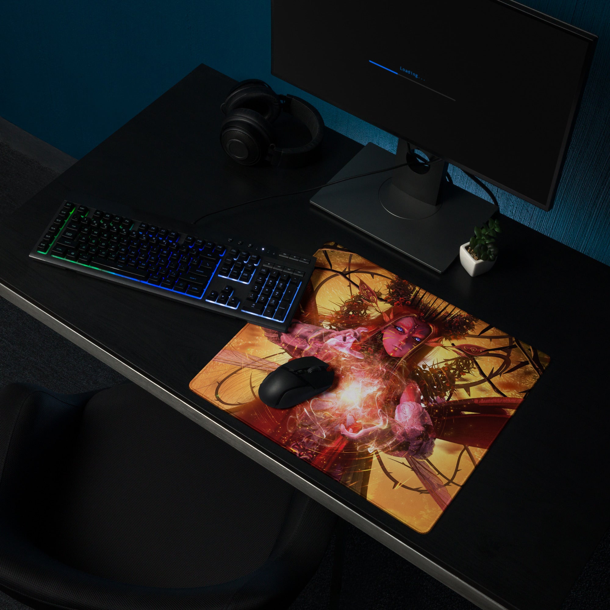 Gaming Mouse Pad Red Orange Black Desk Setup Fantasy Digital Art Epic Mood Neon Gamer Decor