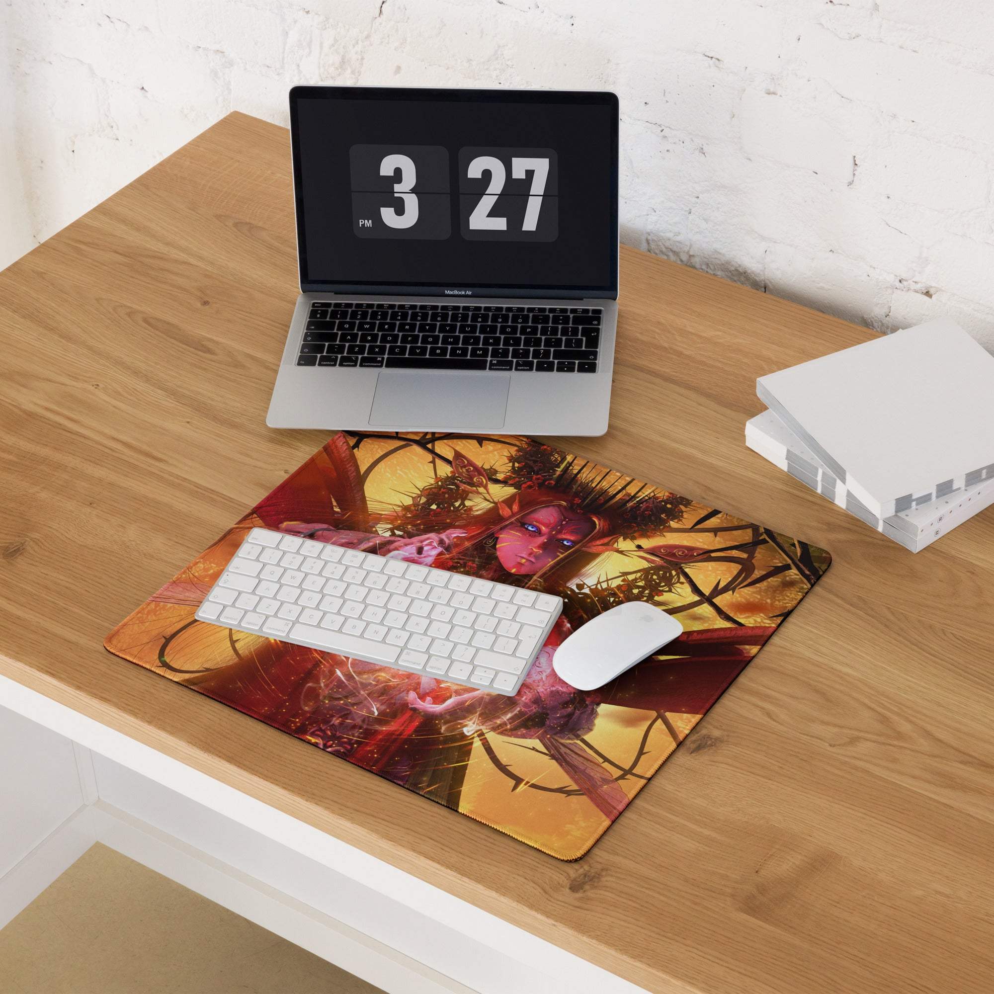 Inferno queen fantasy gaming mousepad with red-haired character and glowing eyes on orange and yellow background