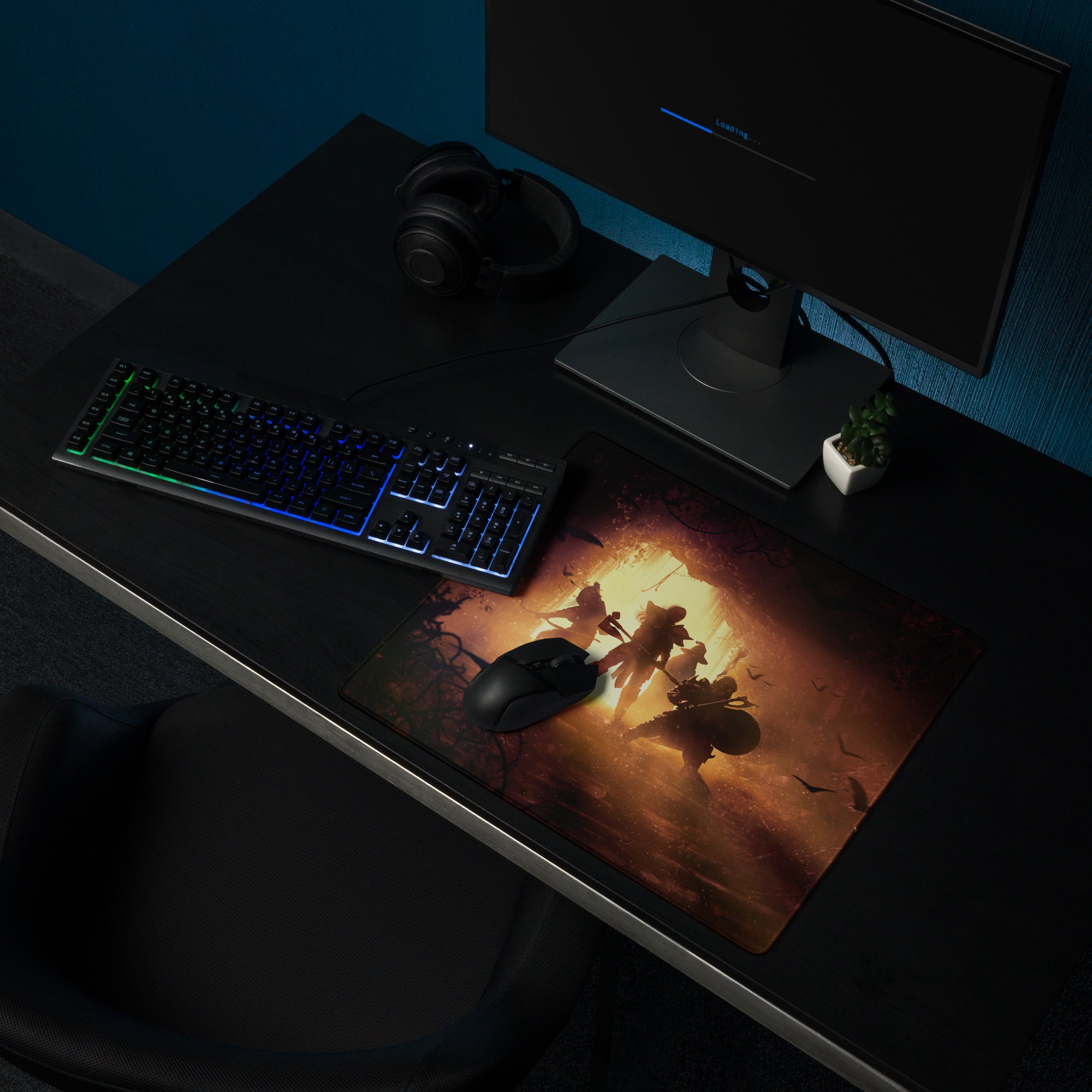 Gaming Mouse Pad Black Orange Battle Scene Large Desk Mat For Gaming Setup Anti Slip Edge Stitch