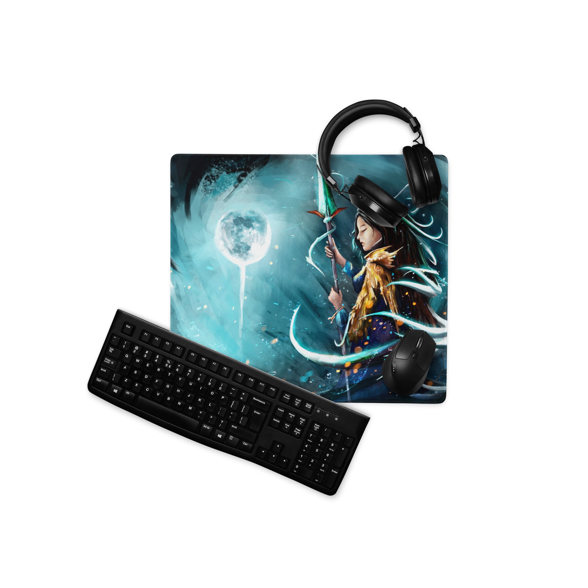 Moonlit Fantasy Gaming Mouse Pad Blue Teal Desk Mat For Gaming Setup Digital Art Style