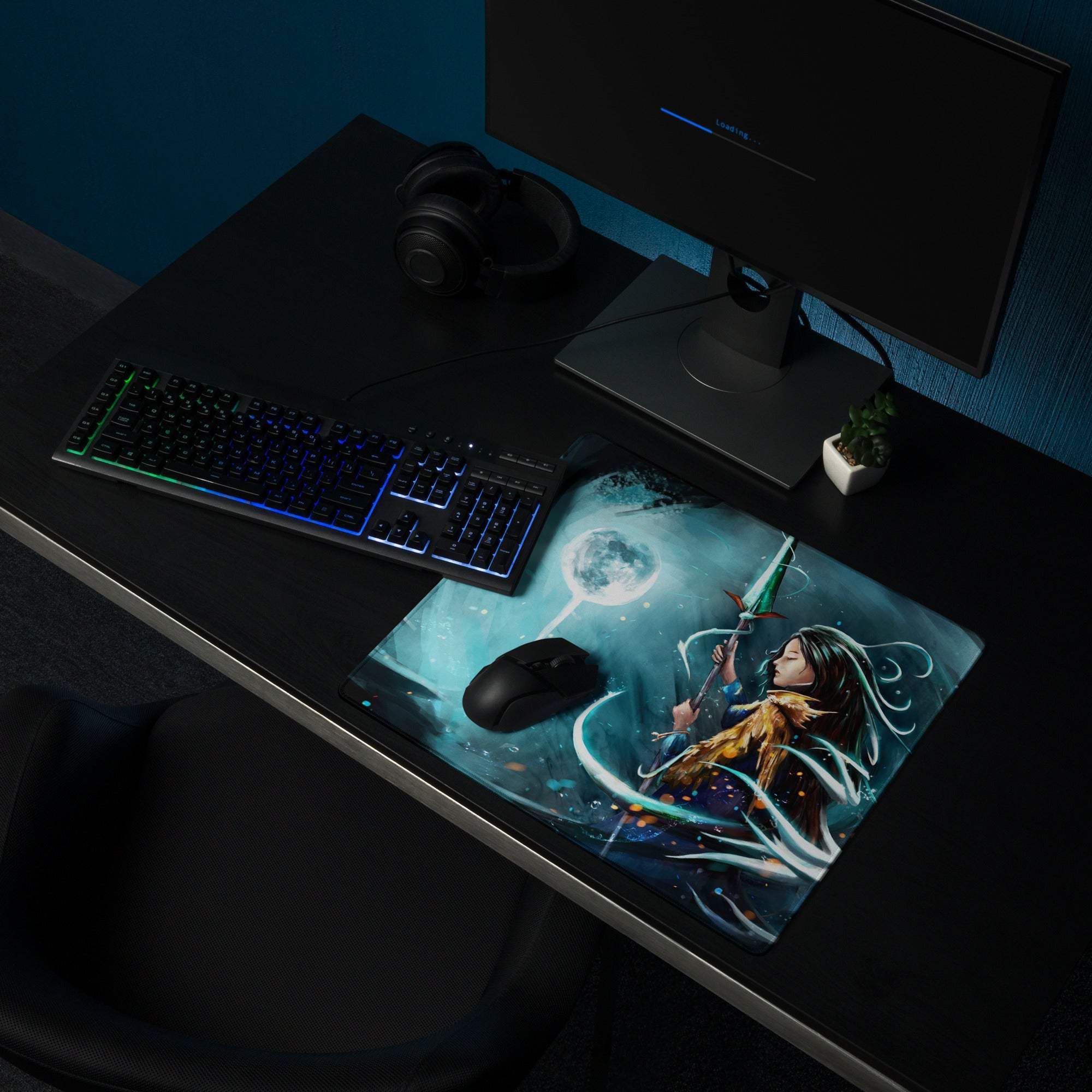 Rectangular moonlit fantasy gaming mouse pad with anime character holding glowing sword on blue teal cosmic background
