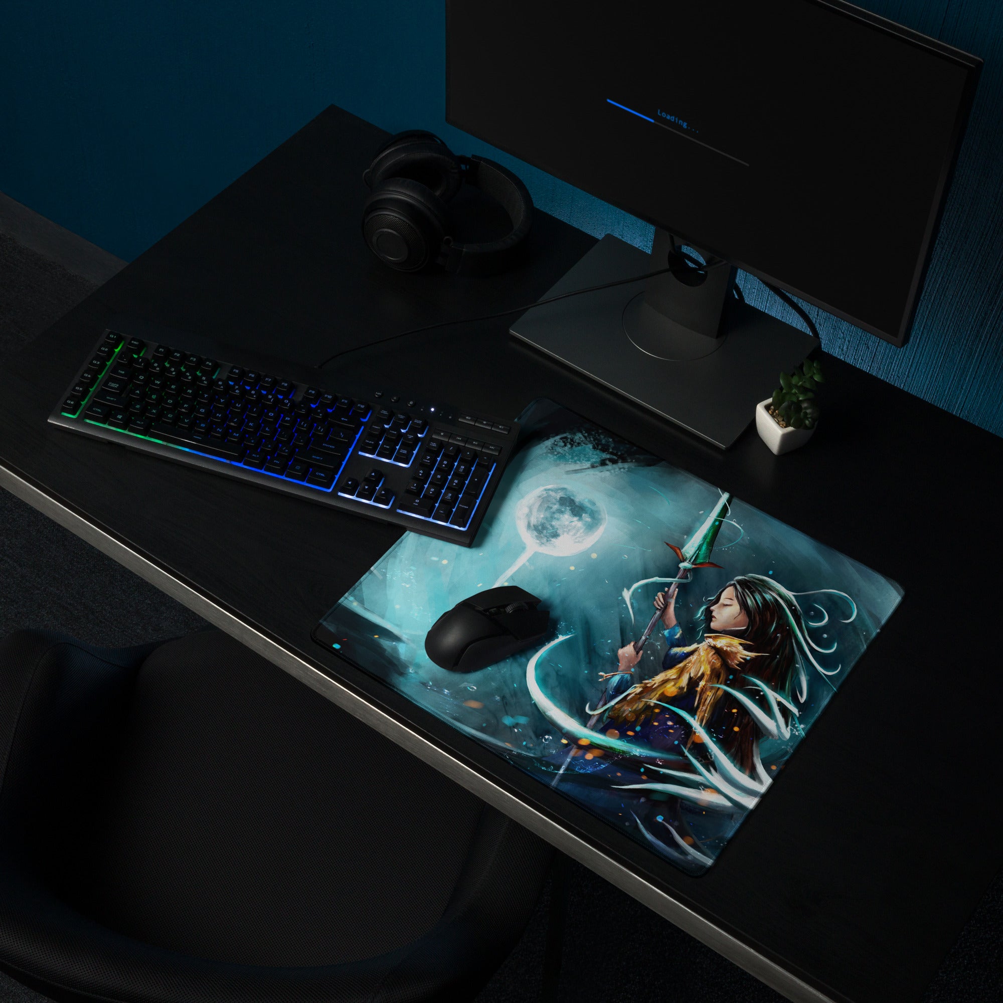 Moonlit Fantasy Gaming Mouse Pad Blue Teal Desk Mat For Gaming Setup Digital Art Style