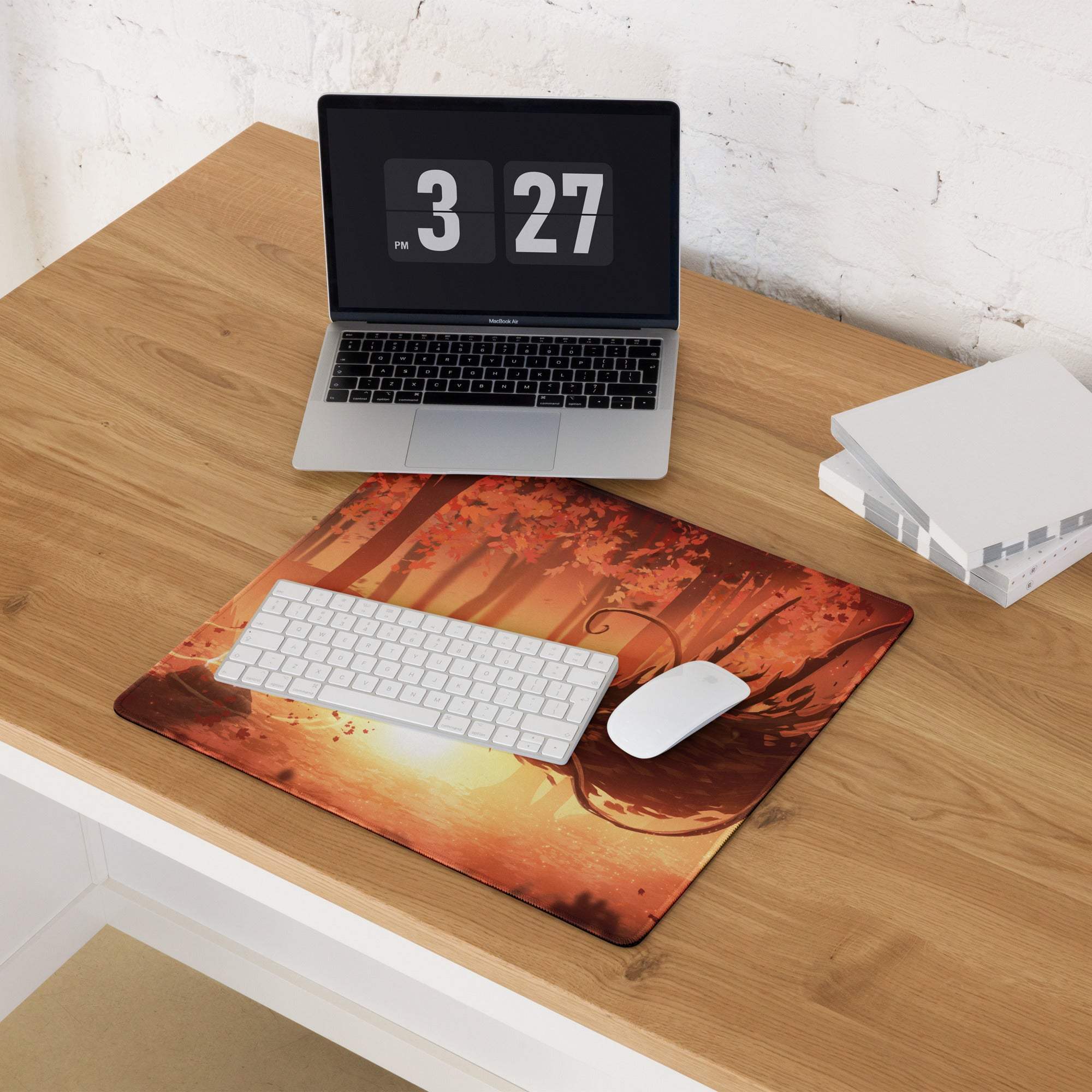 Forest sunset gaming mouse pad with orange and brown sunset design for fantasy mood desk setup and gaming decor