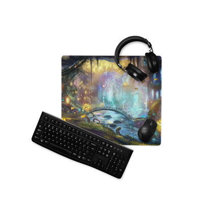 Gamer Mouse Pad Large Forest Fantasy Scene Blue Purple Yellow Gaming Setup Painterly Art Non Slip Surface Edge Stitching