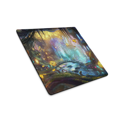 Gamer Mouse Pad Large Forest Fantasy Scene Blue Purple Yellow Gaming Setup Painterly Art Non Slip Surface Edge Stitching
