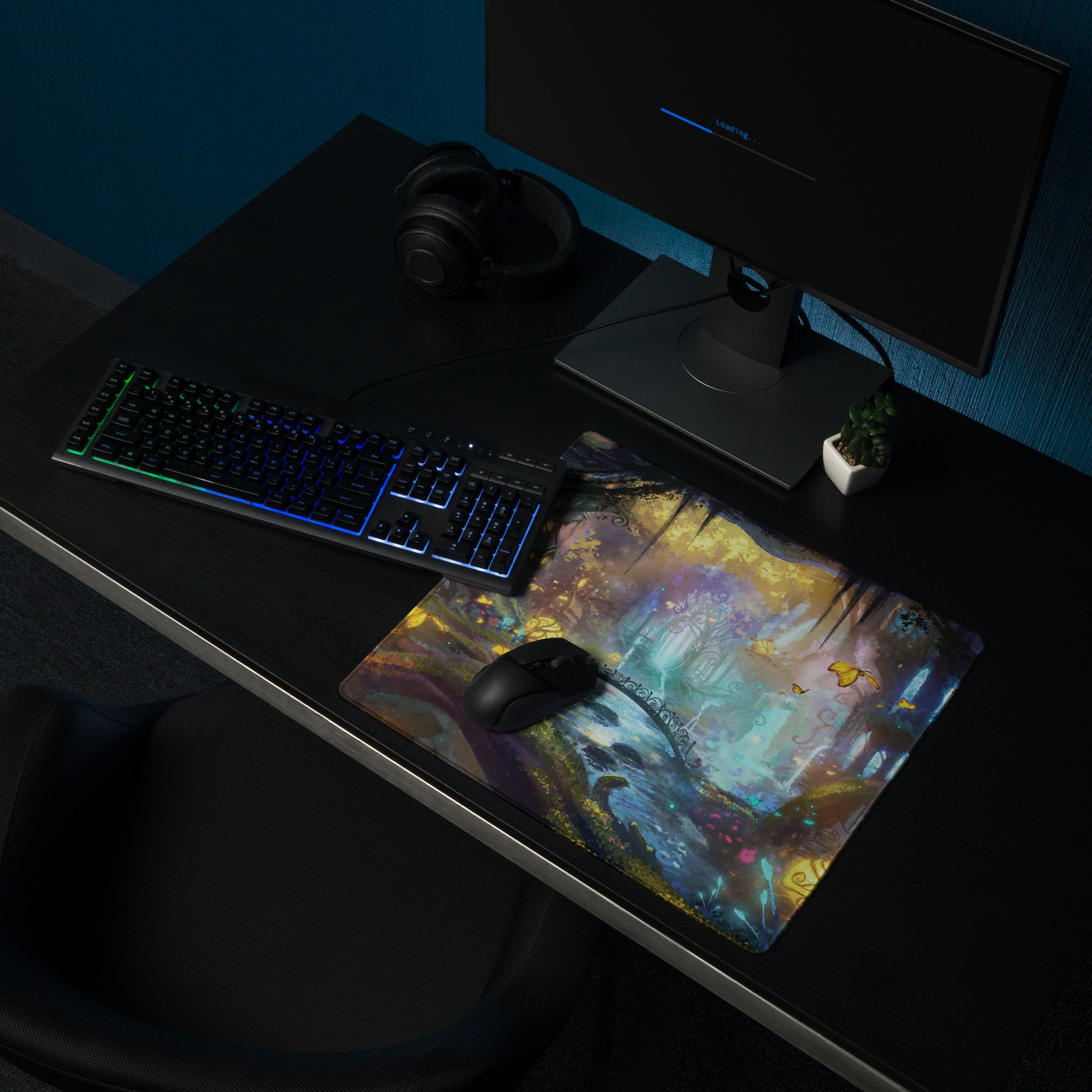 Gamer Mouse Pad Large Forest Fantasy Scene Blue Purple Yellow Gaming Setup Painterly Art Non Slip Surface Edge Stitching