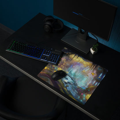 Gamer Mouse Pad Large Forest Fantasy Scene Blue Purple Yellow Gaming Setup Painterly Art Non Slip Surface Edge Stitching