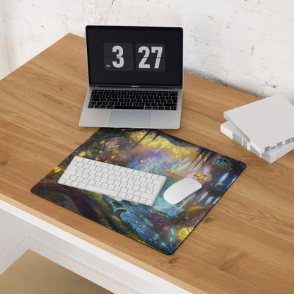 Gamer Mouse Pad Large Forest Fantasy Scene Blue Purple Yellow Gaming Setup Painterly Art Non Slip Surface Edge Stitching