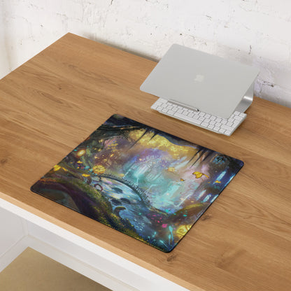 Gamer Mouse Pad Large Forest Fantasy Scene Blue Purple Yellow Gaming Setup Painterly Art Non Slip Surface Edge Stitching
