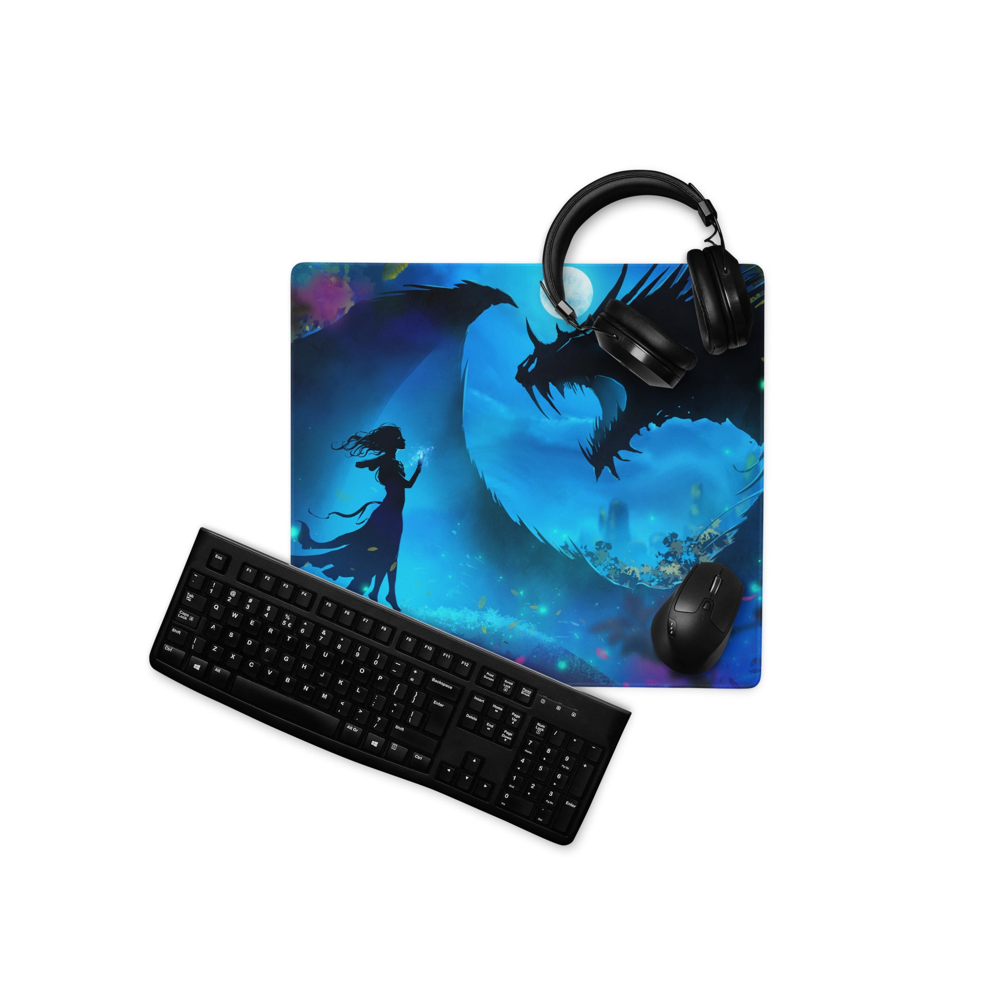 Gaming Mouse Pad Blue Night Dragon for Desk Setup Digital Art Style Epic Fantasy Mood Neon Cyber