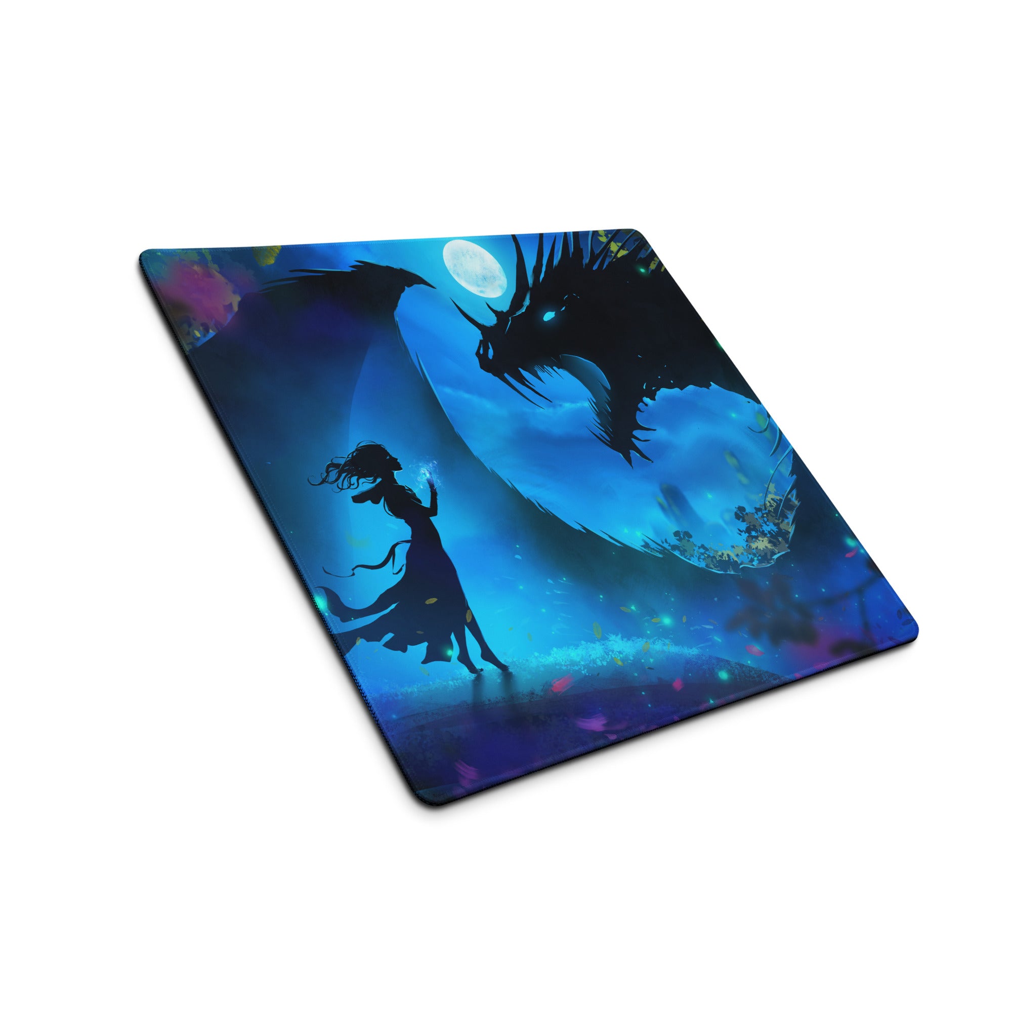 Gaming Mouse Pad Blue Night Dragon for Desk Setup Digital Art Style Epic Fantasy Mood Neon Cyber