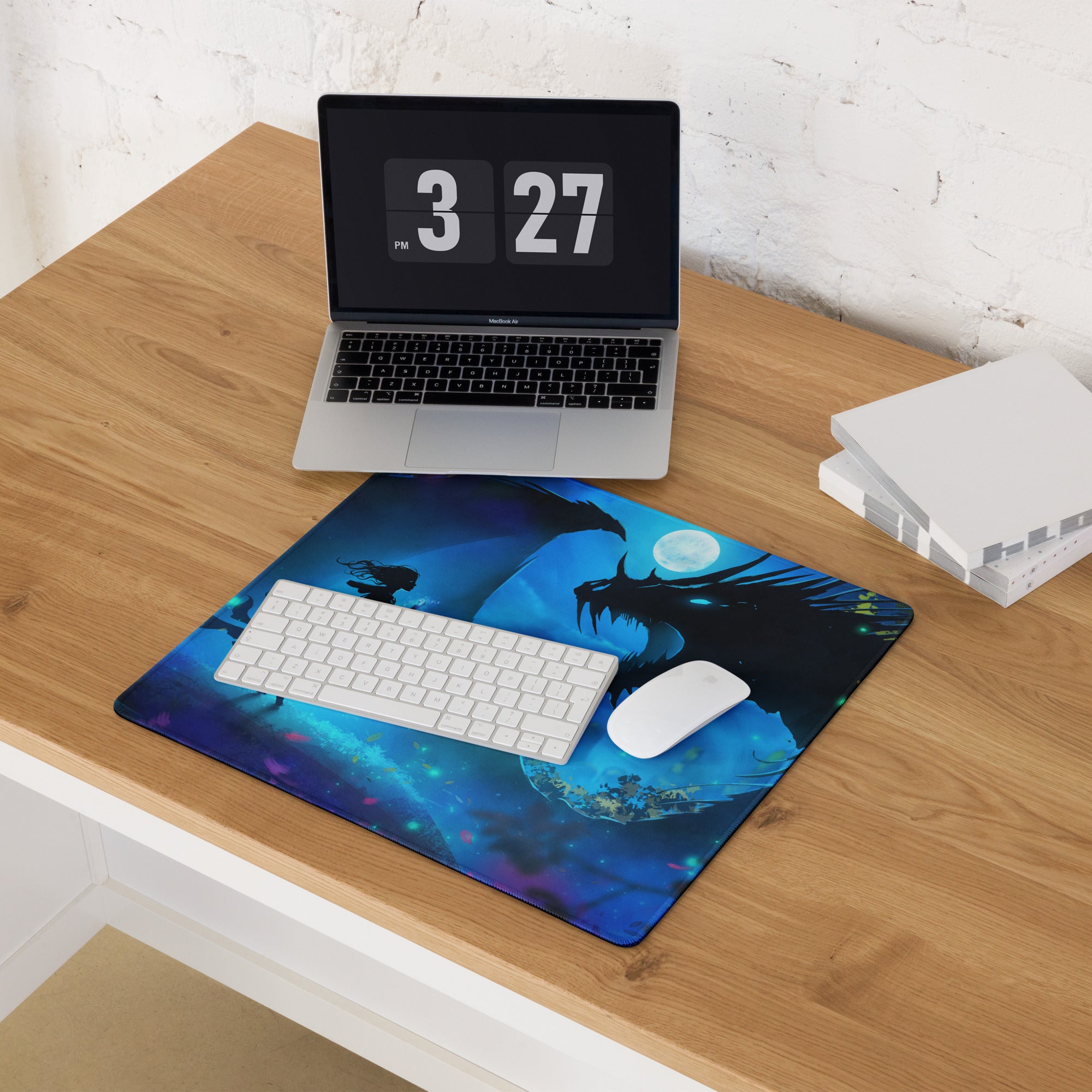Gaming Mouse Pad Blue Night Dragon for Desk Setup Digital Art Style Epic Fantasy Mood Neon Cyber