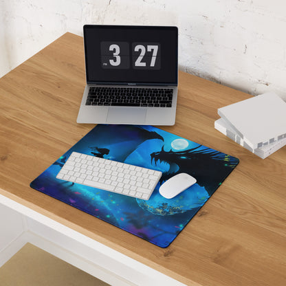 Gaming Mouse Pad Blue Night Dragon for Desk Setup Digital Art Style Epic Fantasy Mood Neon Cyber