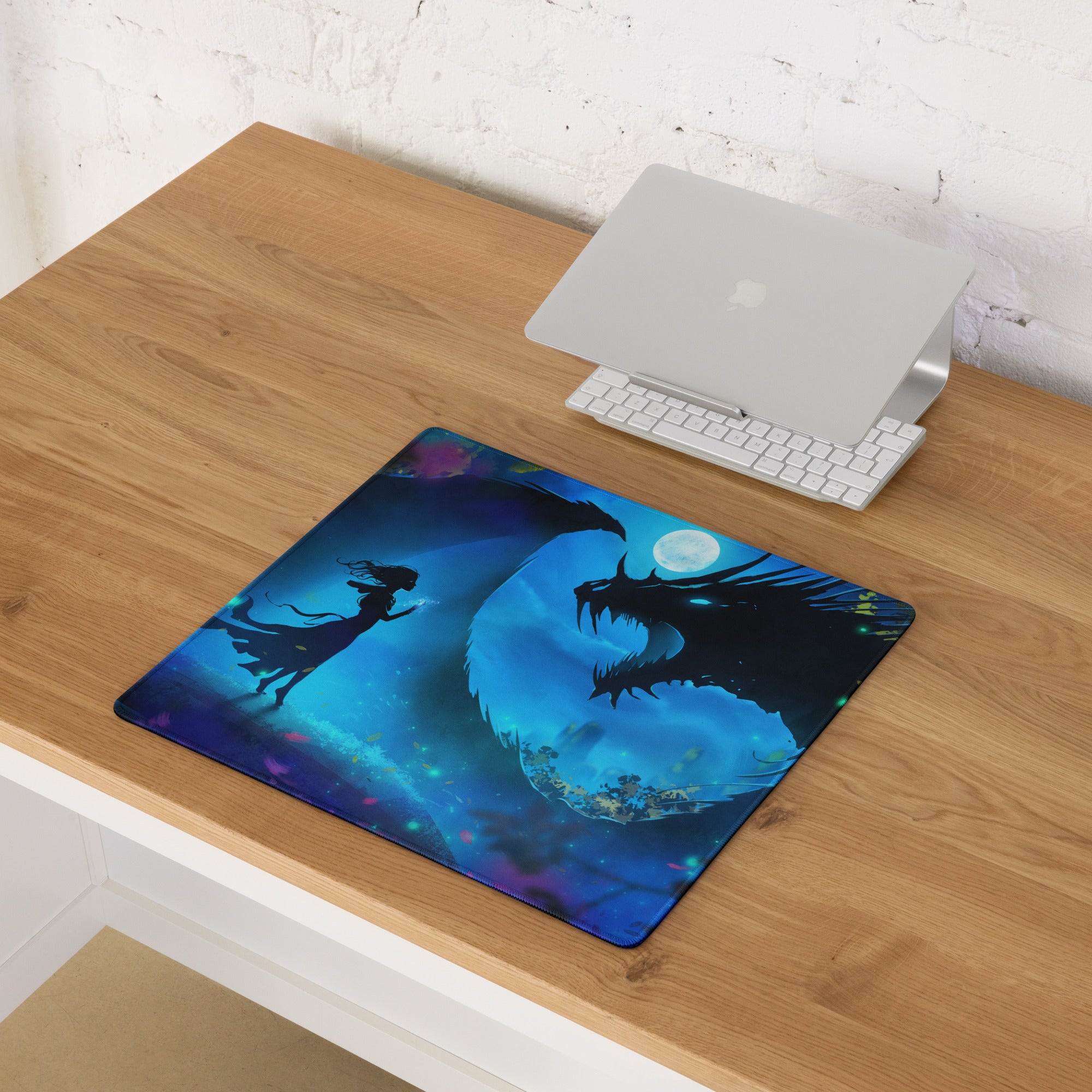 Gaming Mouse Pad Blue Night Dragon for Desk Setup Digital Art Style Epic Fantasy Mood Neon Cyber