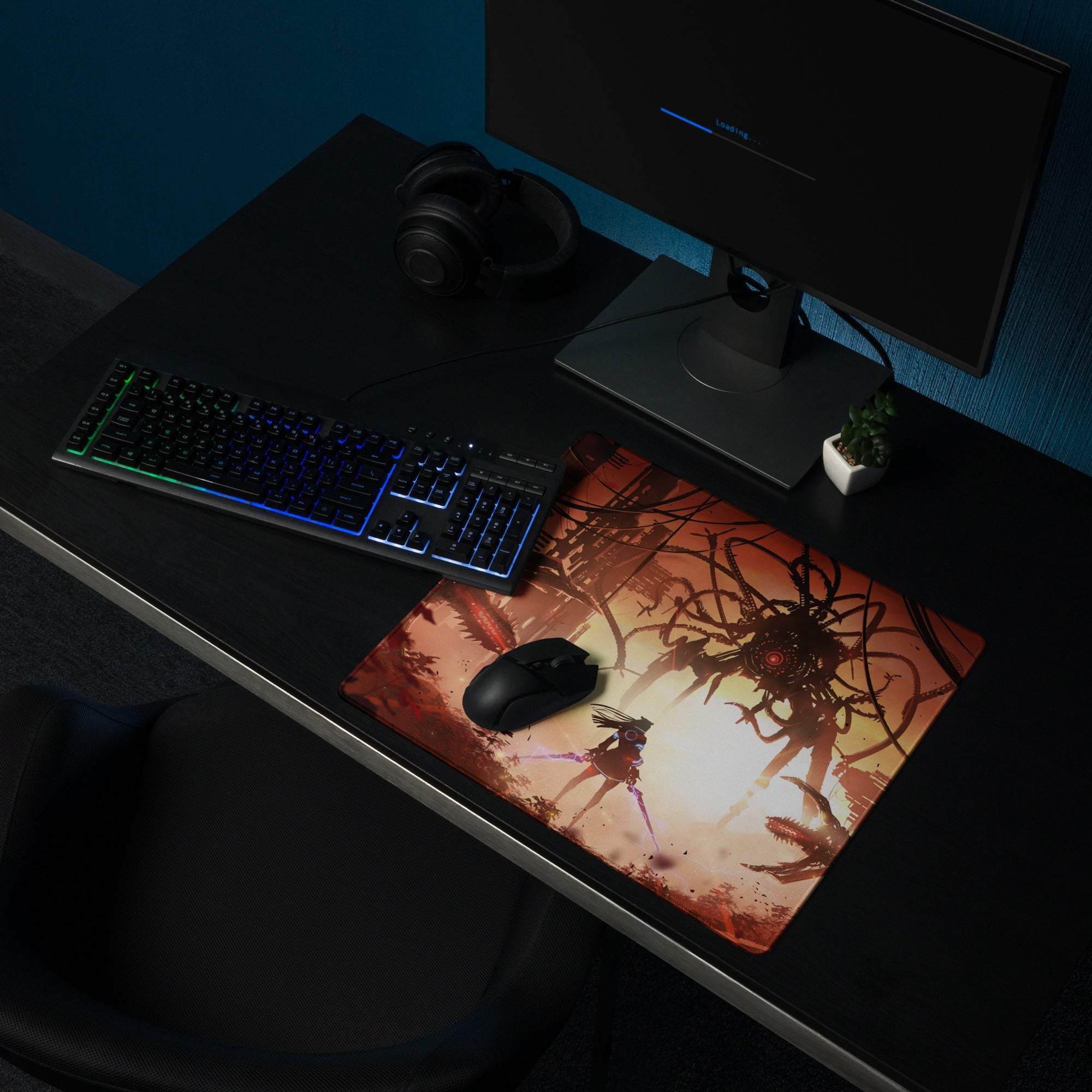 A rectangular gaming mousepad with anime-style warrior and tentacles in warm orange red cyberpunk digital art