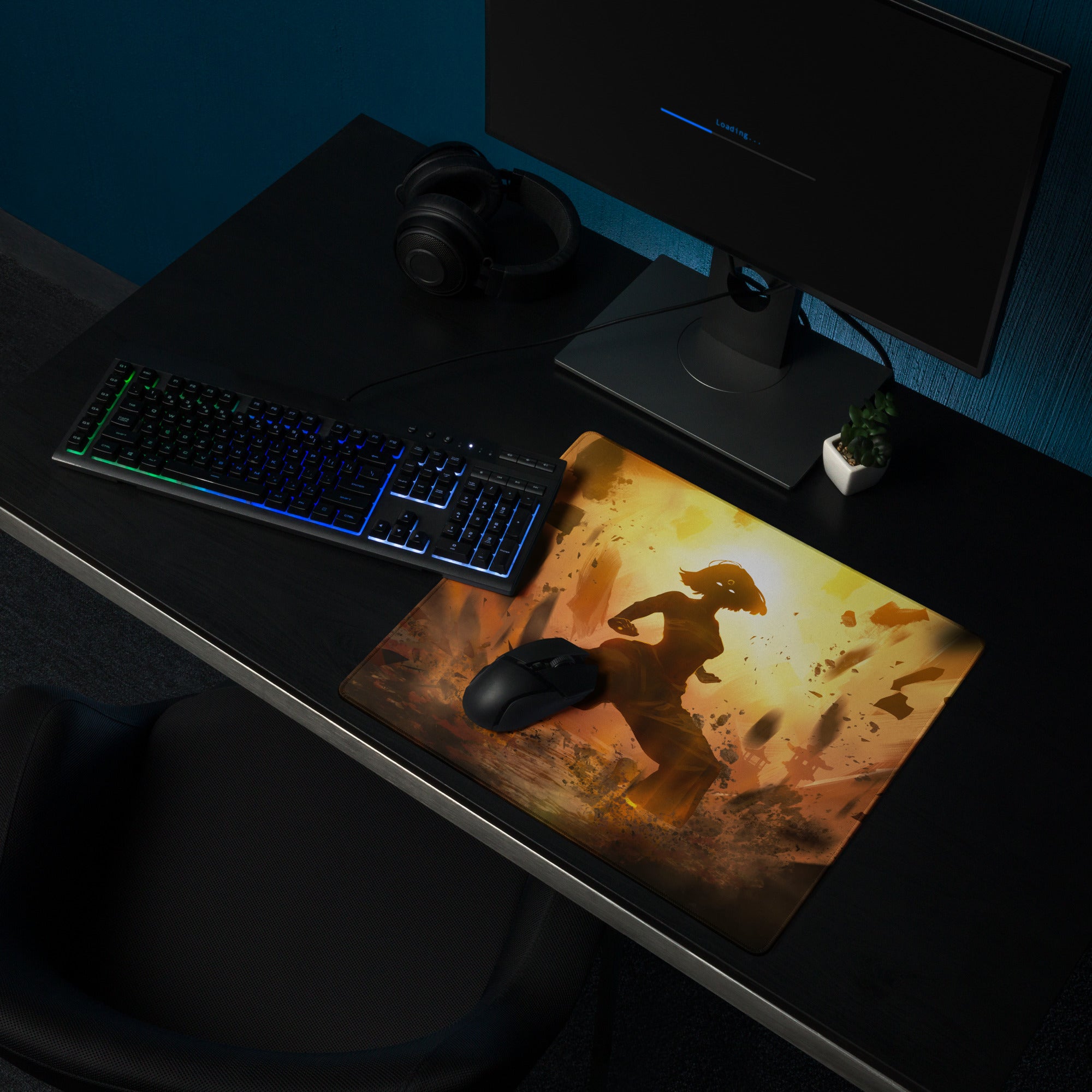 Large Orange Gold Gaming Mouse Pad With Non Slip Base And Edge Stitching For Desktop Setup Fiery Digital Art