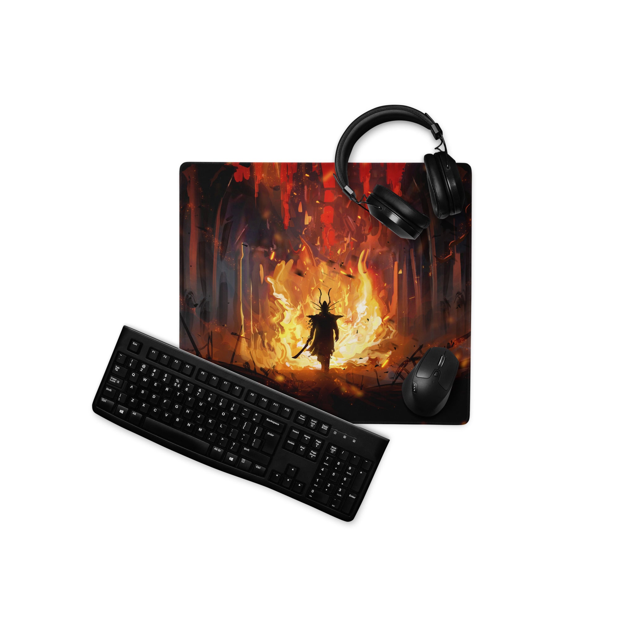 Gaming Mouse Pad Large Black Red Orange Fiery Fantasy Digital Art For Esports Desk Setup Non Slip Edge Stitching